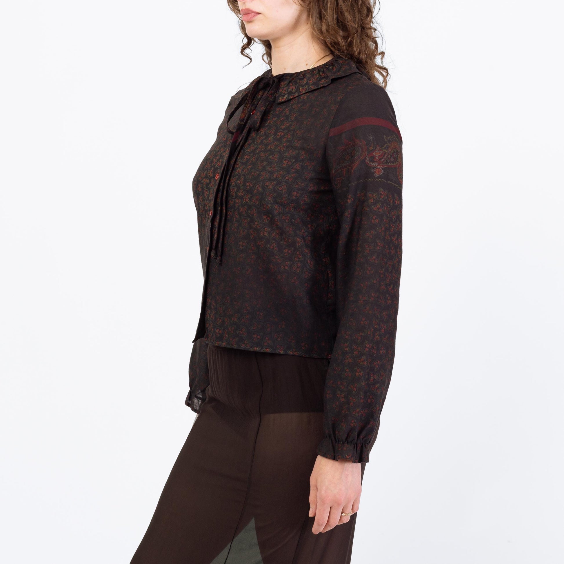Vintage 70s Dark Floral Peter Pan Collar Blouse - Medium | Black Red Leaf Print Boho Top