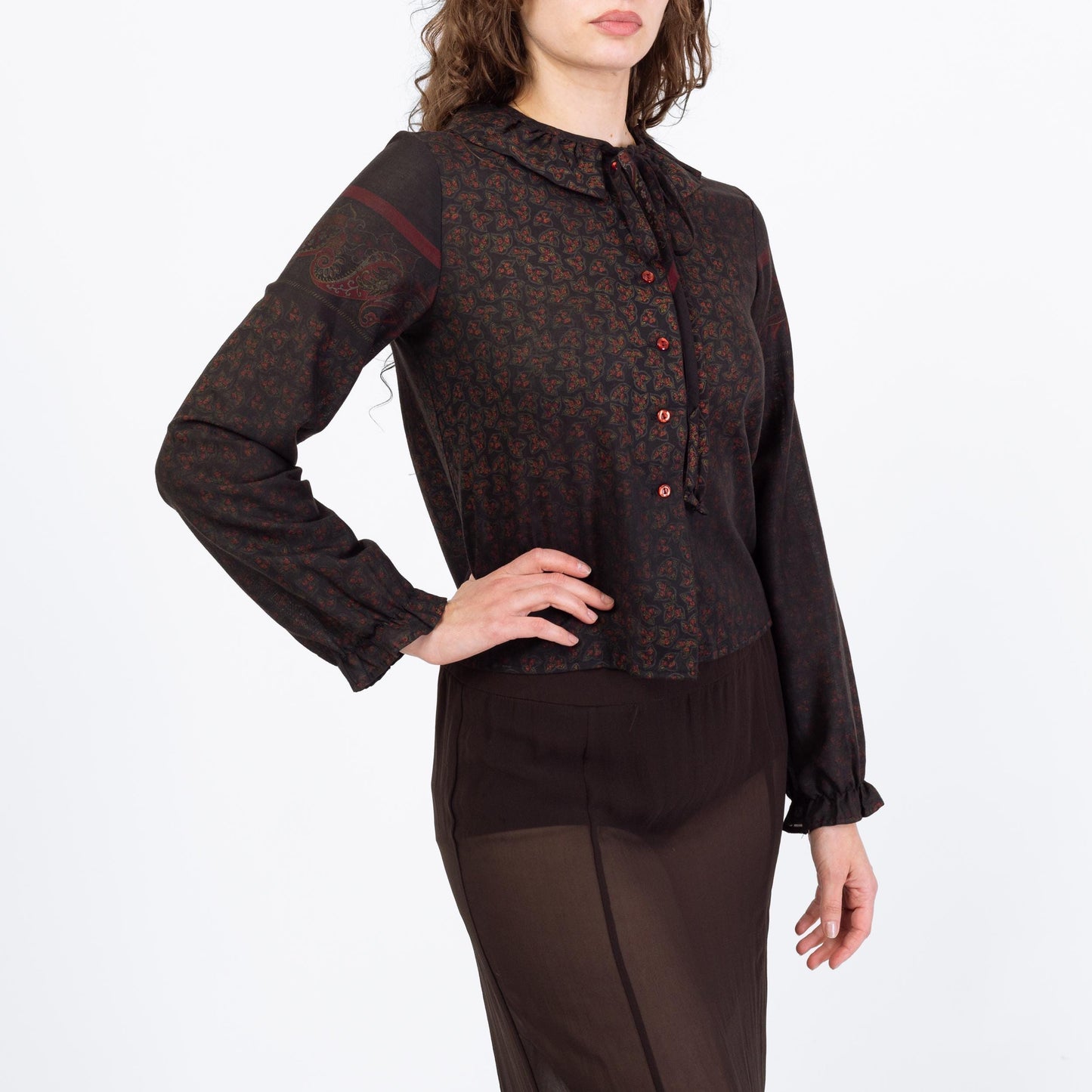 Vintage 70s Dark Floral Peter Pan Collar Blouse - Medium | Black Red Leaf Print Boho Top