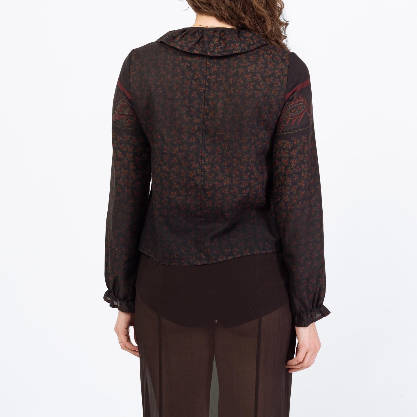 Vintage 70s Dark Floral Peter Pan Collar Blouse - Medium | Black Red Leaf Print Boho Top