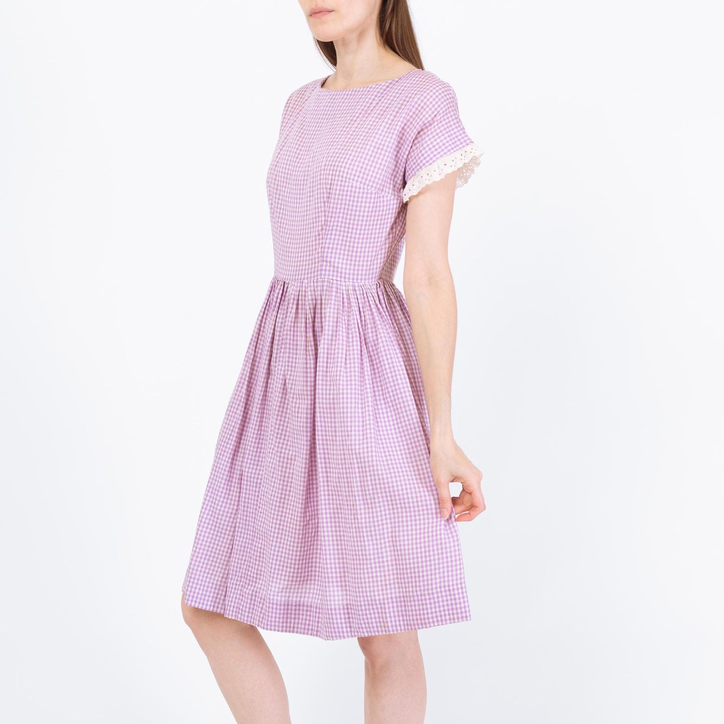 Vintage 50s 60s Purple Gingham Fit & Flare Day Dress - Small | Retro Checkered Lace Trim Dress