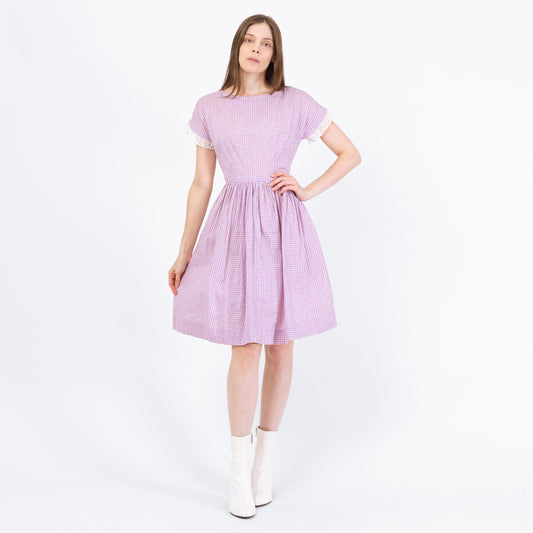 Vintage 50s 60s Purple Gingham Fit & Flare Day Dress - Small | Retro Checkered Lace Trim Dress