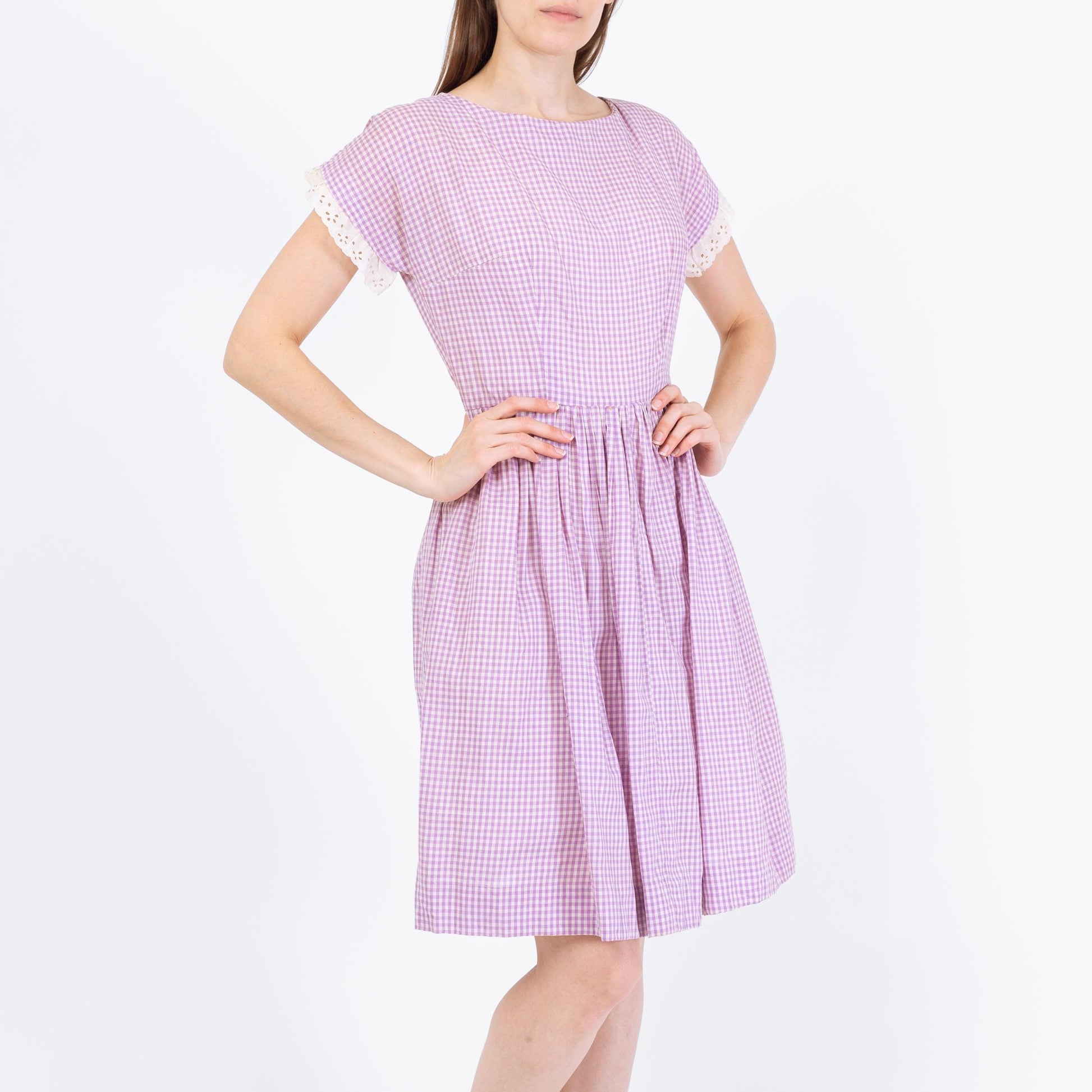Vintage 50s 60s Purple Gingham Fit & Flare Day Dress - Small | Retro Checkered Lace Trim Dress