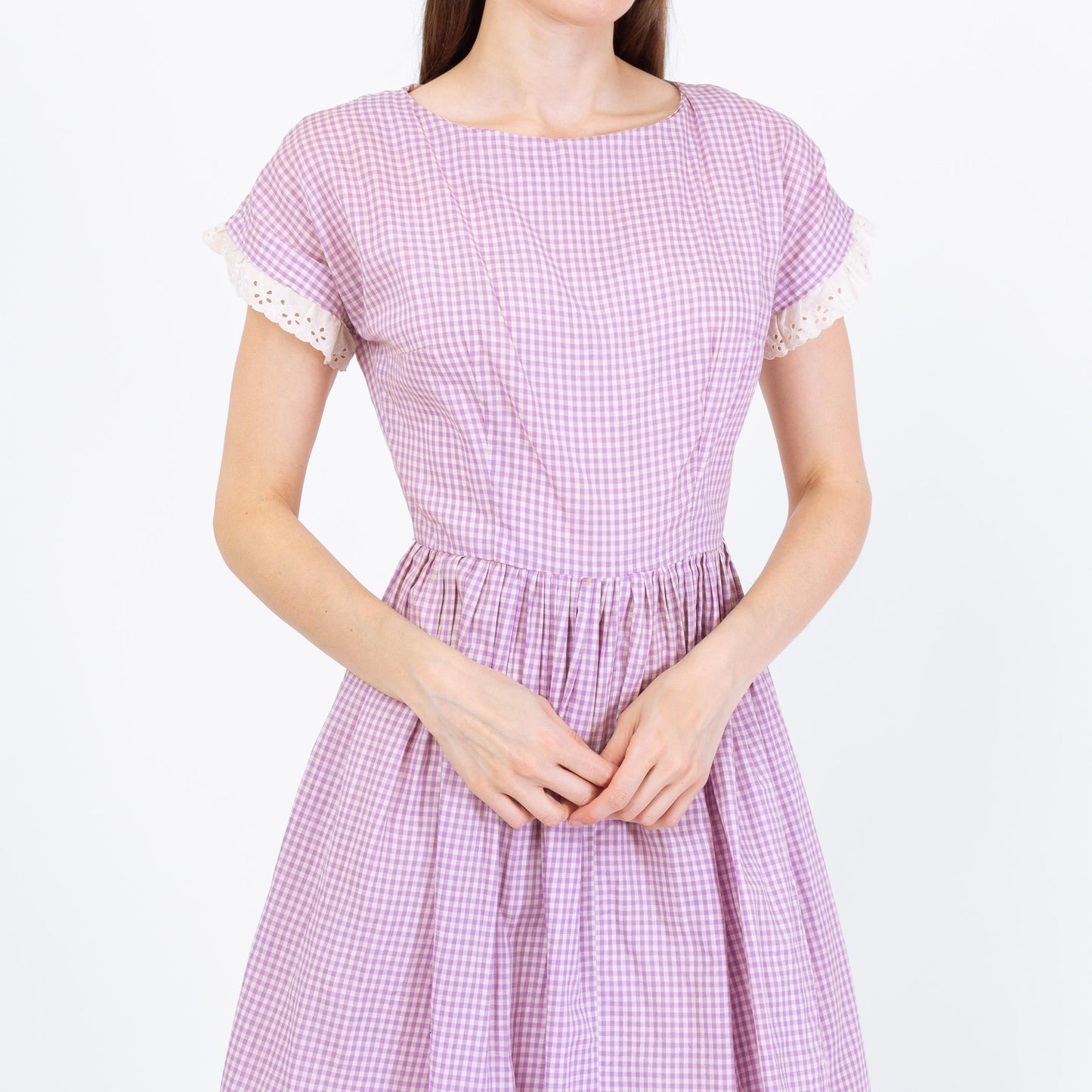 Vintage 50s 60s Purple Gingham Fit & Flare Day Dress - Small | Retro Checkered Lace Trim Dress