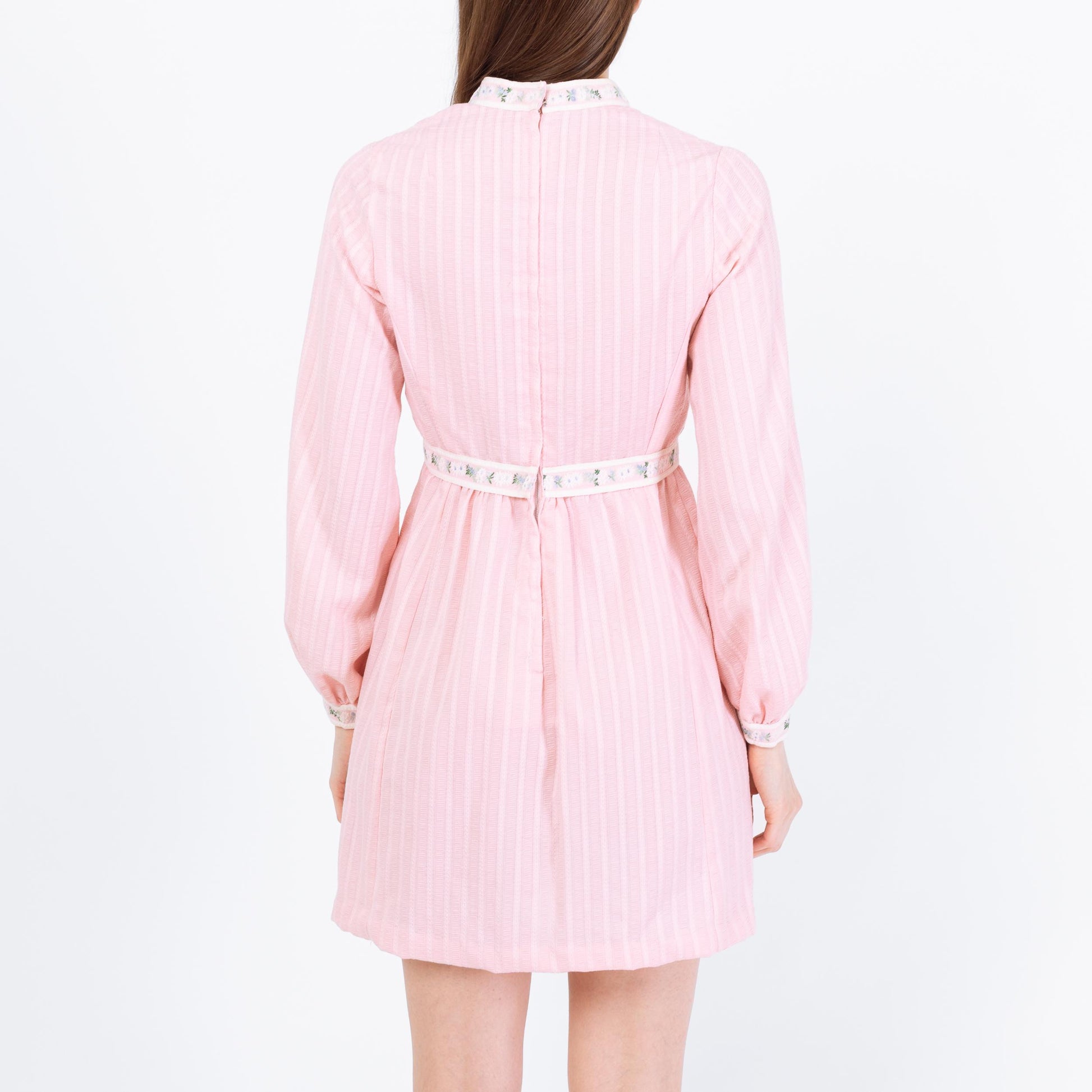 Vintage 60s Pink Floral Trim Babydoll Mini Dress - Small | Retro Long Sleeve A Line Dress