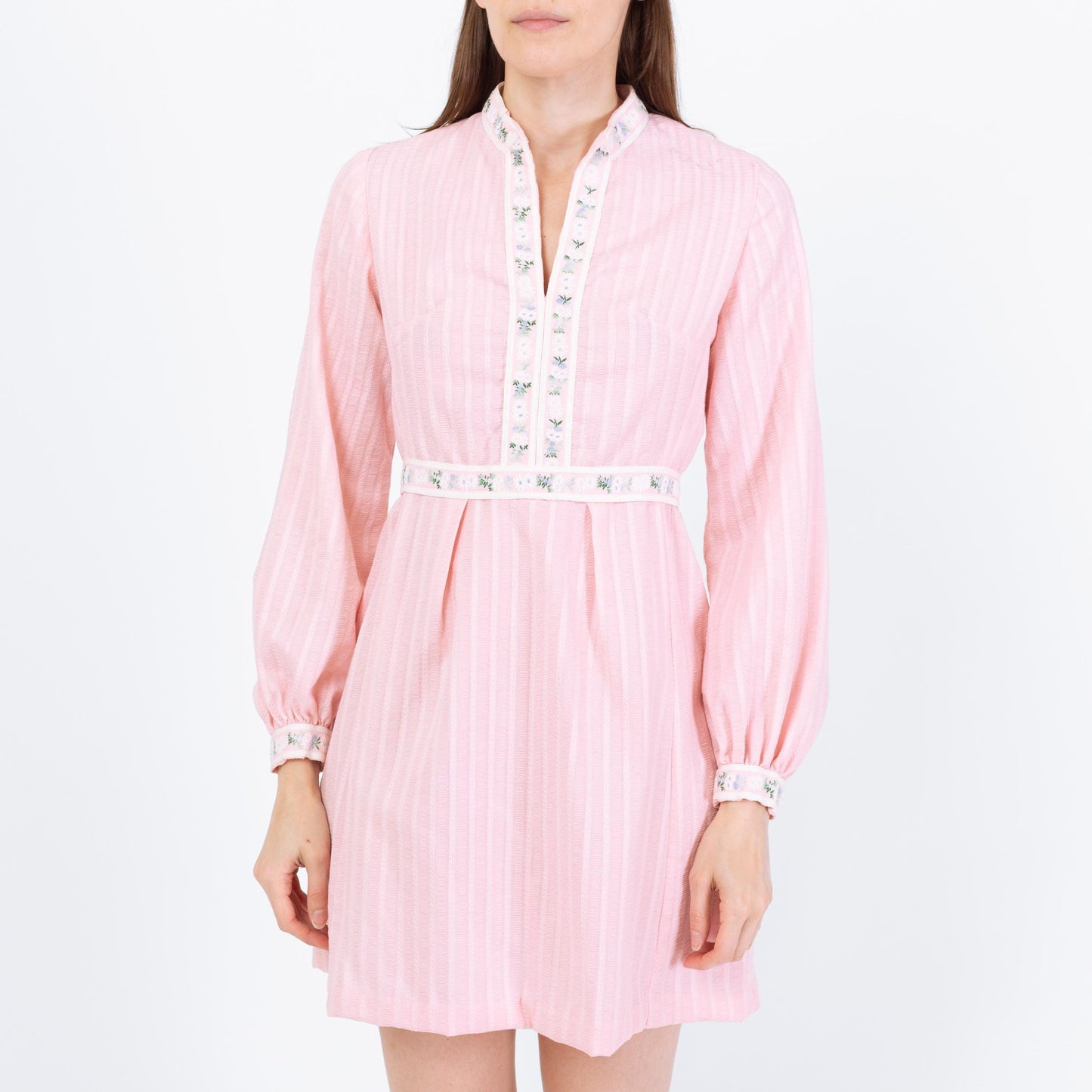 Vintage 60s Pink Floral Trim Babydoll Mini Dress - Small | Retro Long Sleeve A Line Dress