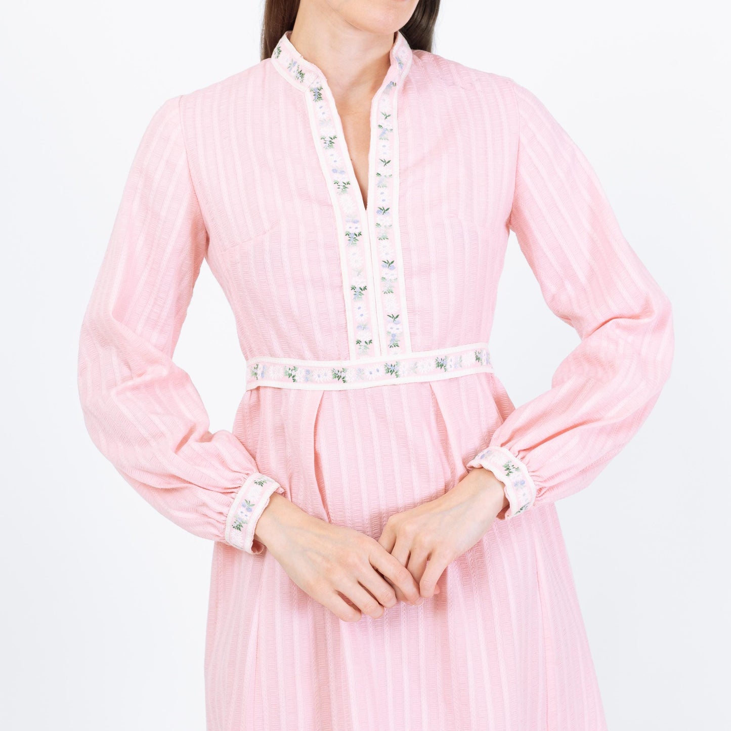 Vintage 60s Pink Floral Trim Babydoll Mini Dress - Small | Retro Long Sleeve A Line Dress