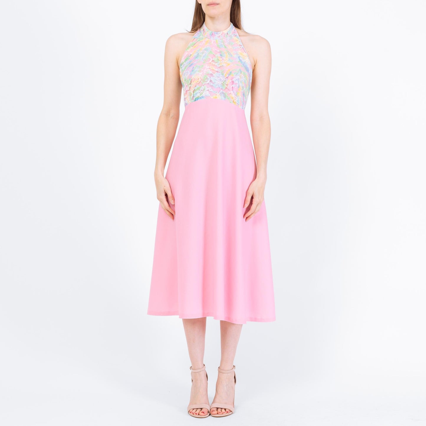 Vintage 70s Pink Floral Lace Halter Dress - Extra Small | Boho Midi Disco Sundress