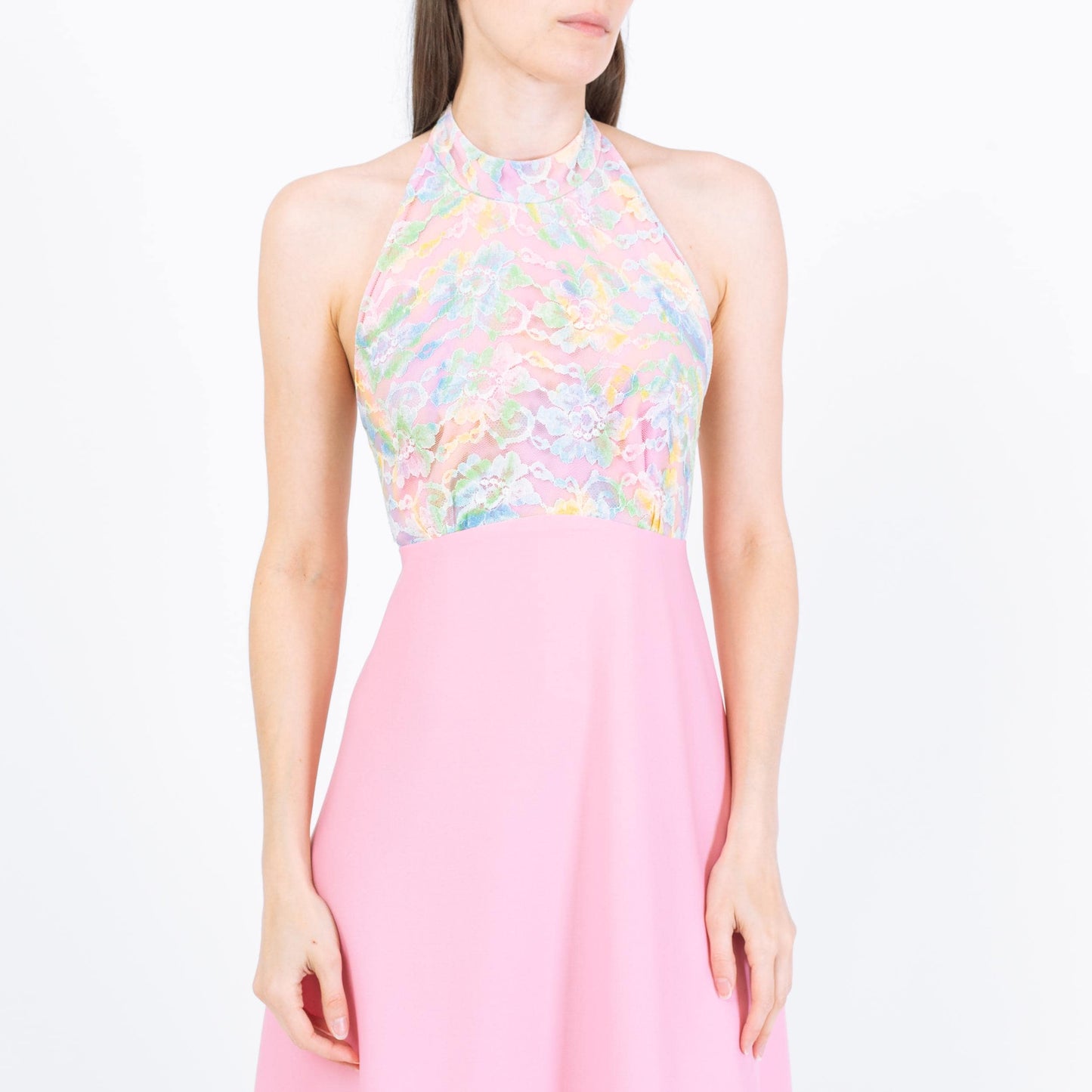 Vintage 70s Pink Floral Lace Halter Dress - Extra Small | Boho Midi Disco Sundress