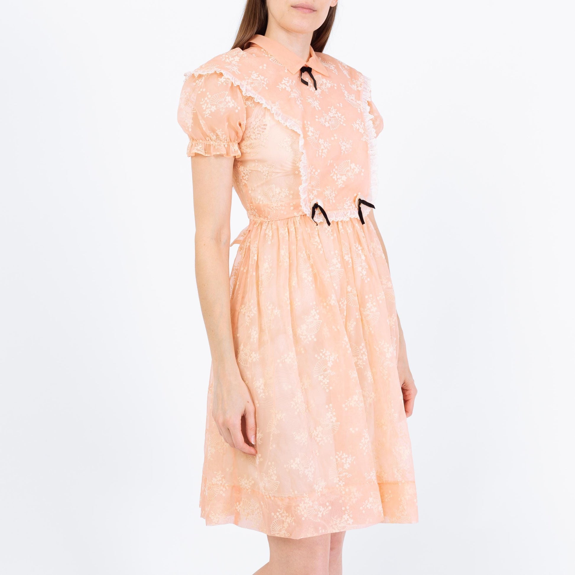 Vintage 80s Sheer Peach Organza Babydoll Dress - Extra Small | Puff Sleeve Fit Flare Party Dress