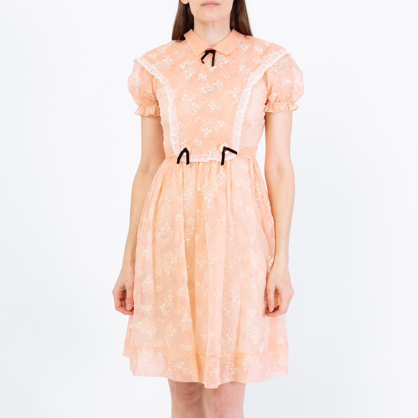 Vintage 80s Sheer Peach Organza Babydoll Dress - Extra Small | Puff Sleeve Fit Flare Party Dress