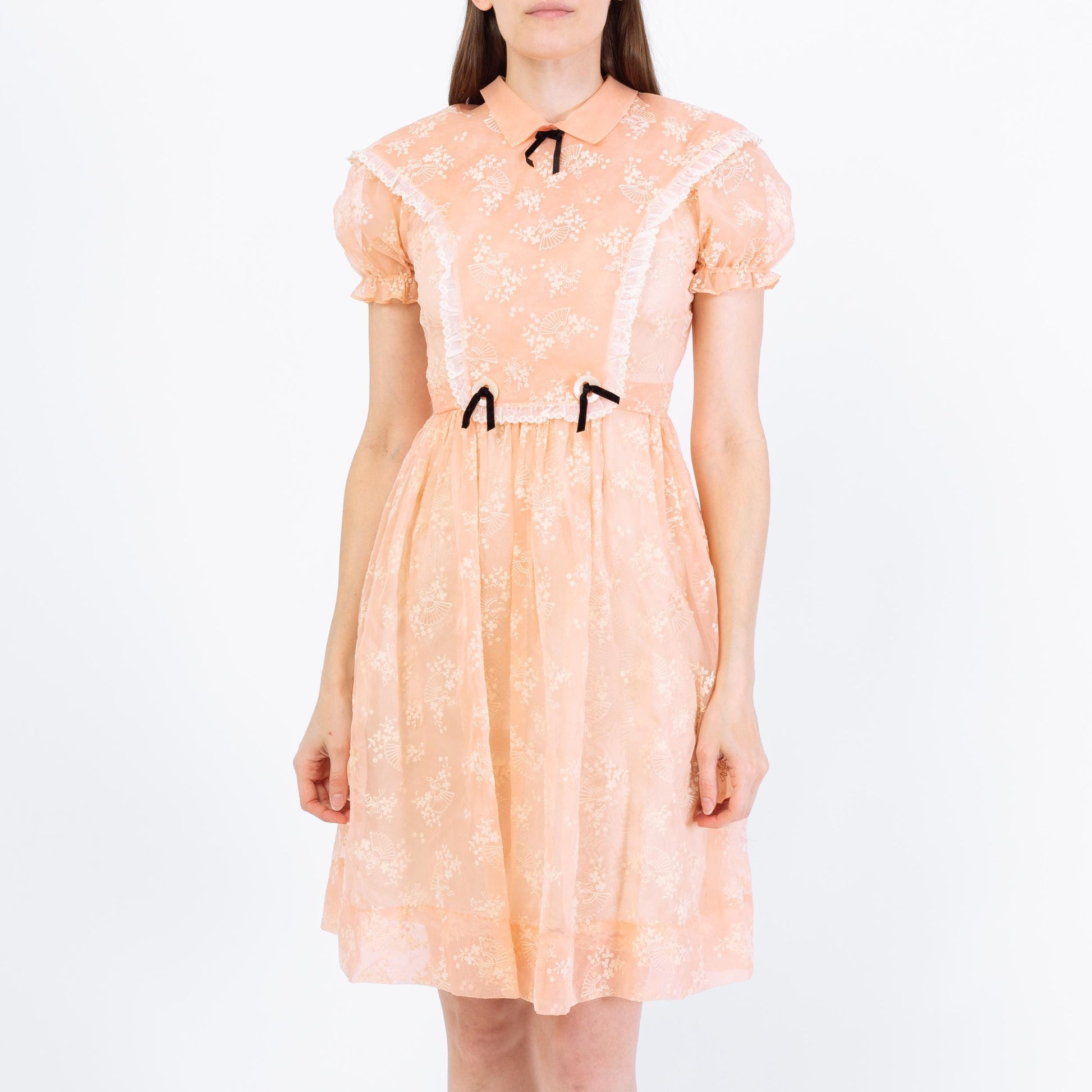 Vintage 80s Sheer Peach Organza Babydoll Dress - Extra Small | Puff Sleeve Fit Flare Party Dress