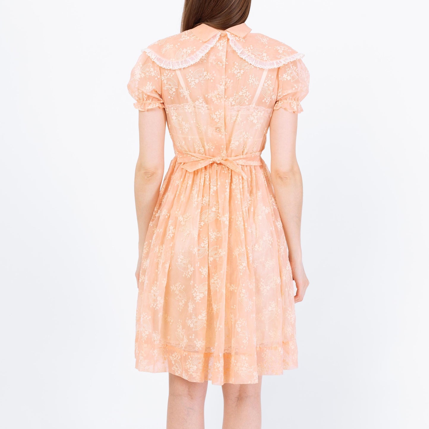 Vintage 80s Sheer Peach Organza Babydoll Dress - Extra Small | Puff Sleeve Fit Flare Party Dress