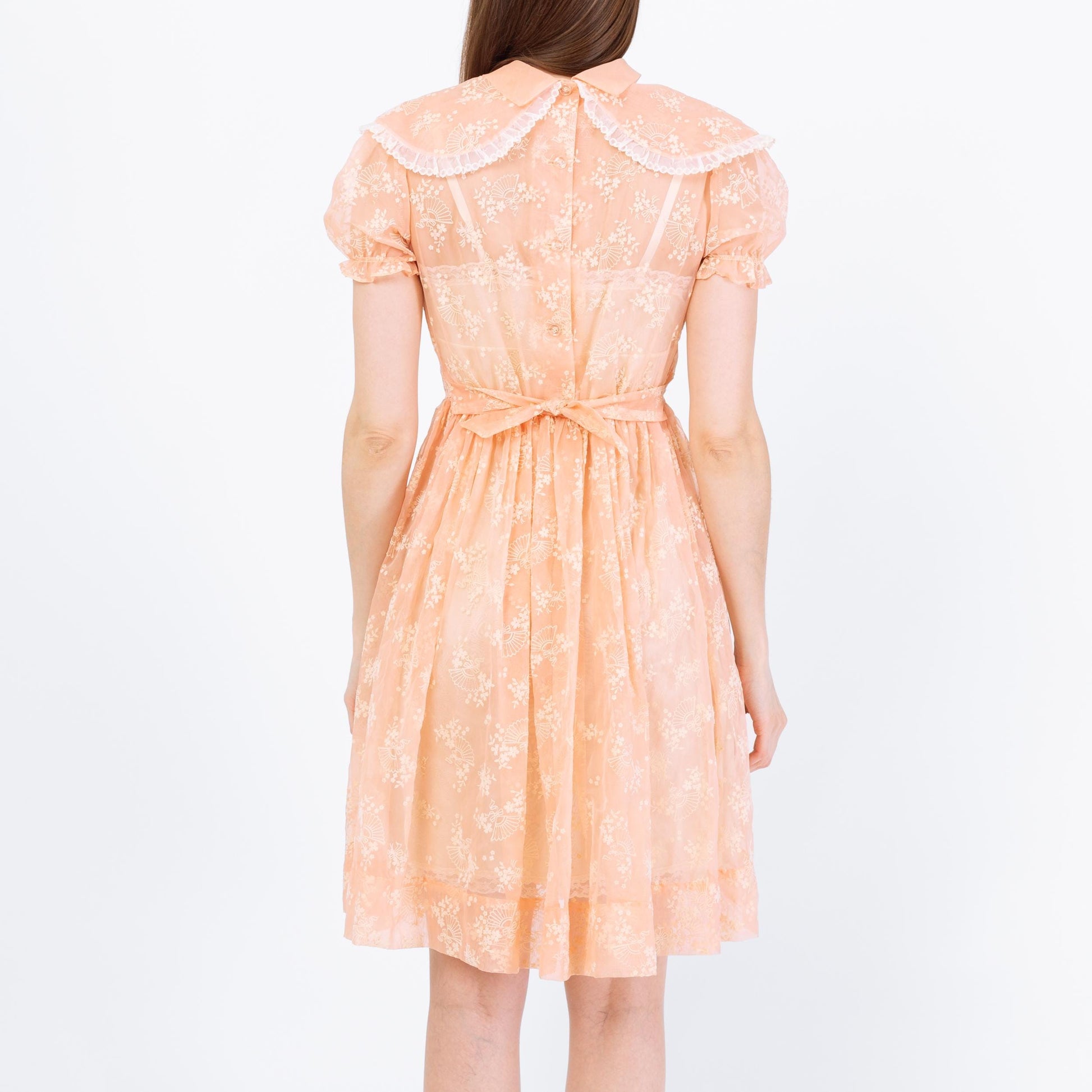Vintage 80s Sheer Peach Organza Babydoll Dress - Extra Small | Puff Sleeve Fit Flare Party Dress