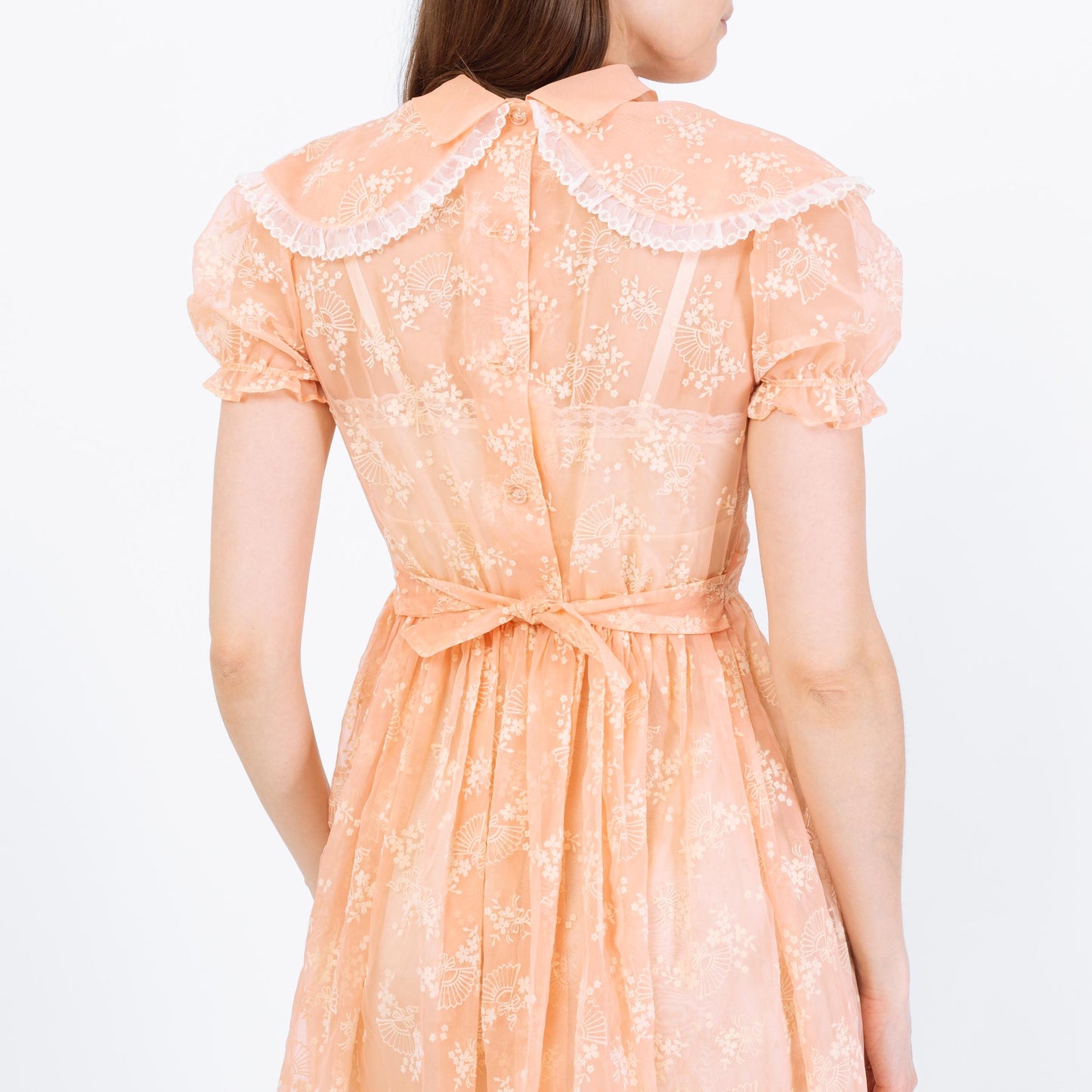 Vintage 80s Sheer Peach Organza Babydoll Dress - Extra Small | Puff Sleeve Fit Flare Party Dress