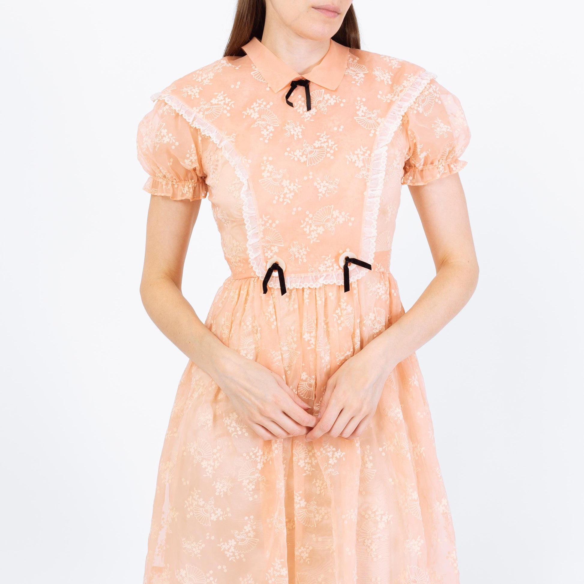 Vintage 80s Sheer Peach Organza Babydoll Dress - Extra Small | Puff Sleeve Fit Flare Party Dress