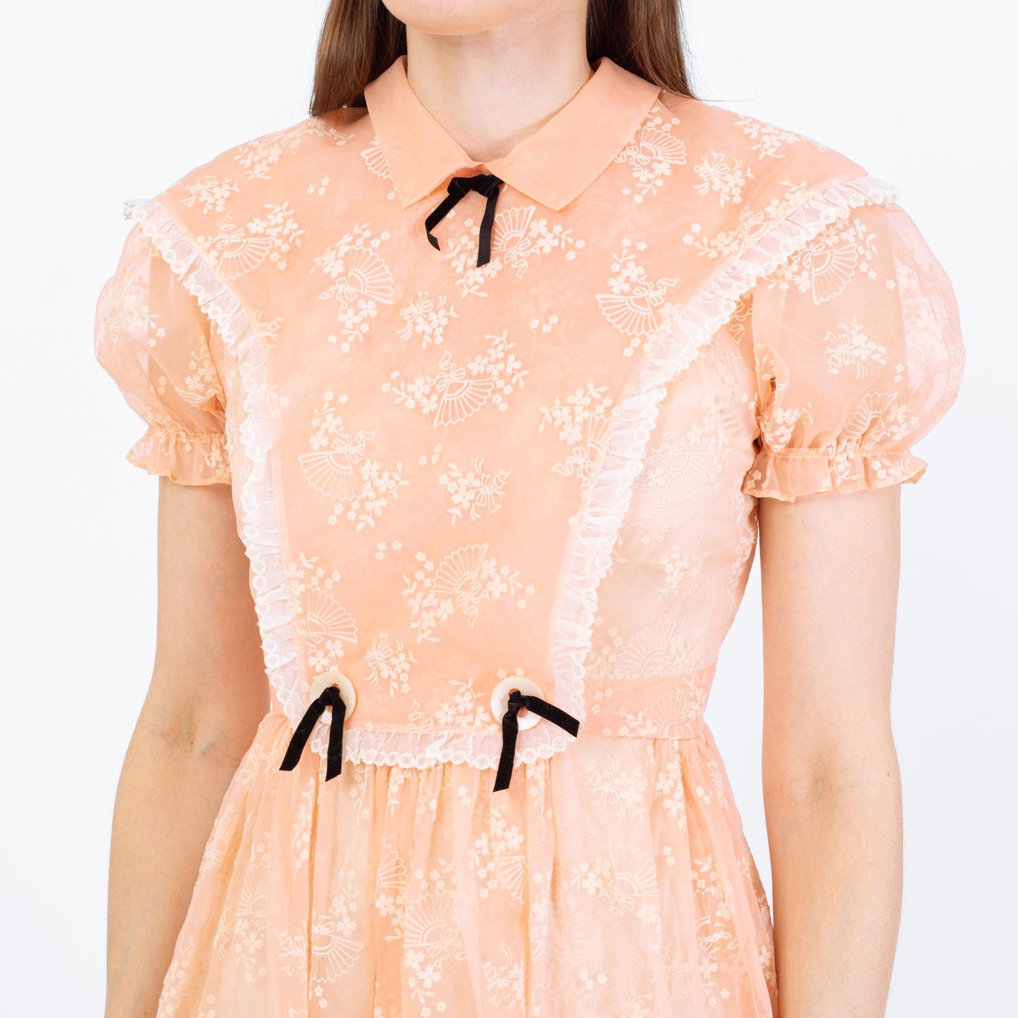 Vintage 80s Sheer Peach Organza Babydoll Dress - Extra Small | Puff Sleeve Fit Flare Party Dress