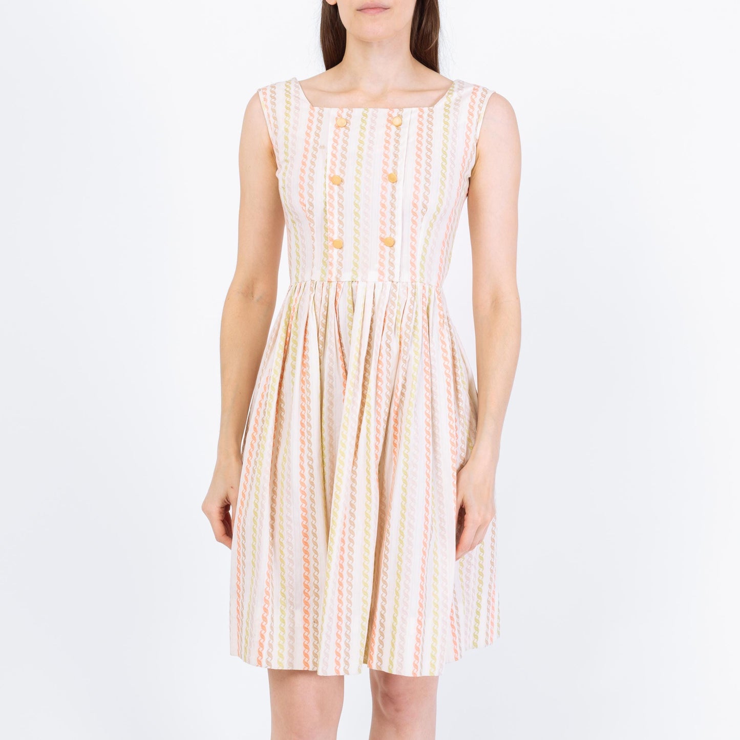 Vintage 60s White Embroidered Stripe Day Dress - XXS | Retro Sleeveless Fit & Flare Mini