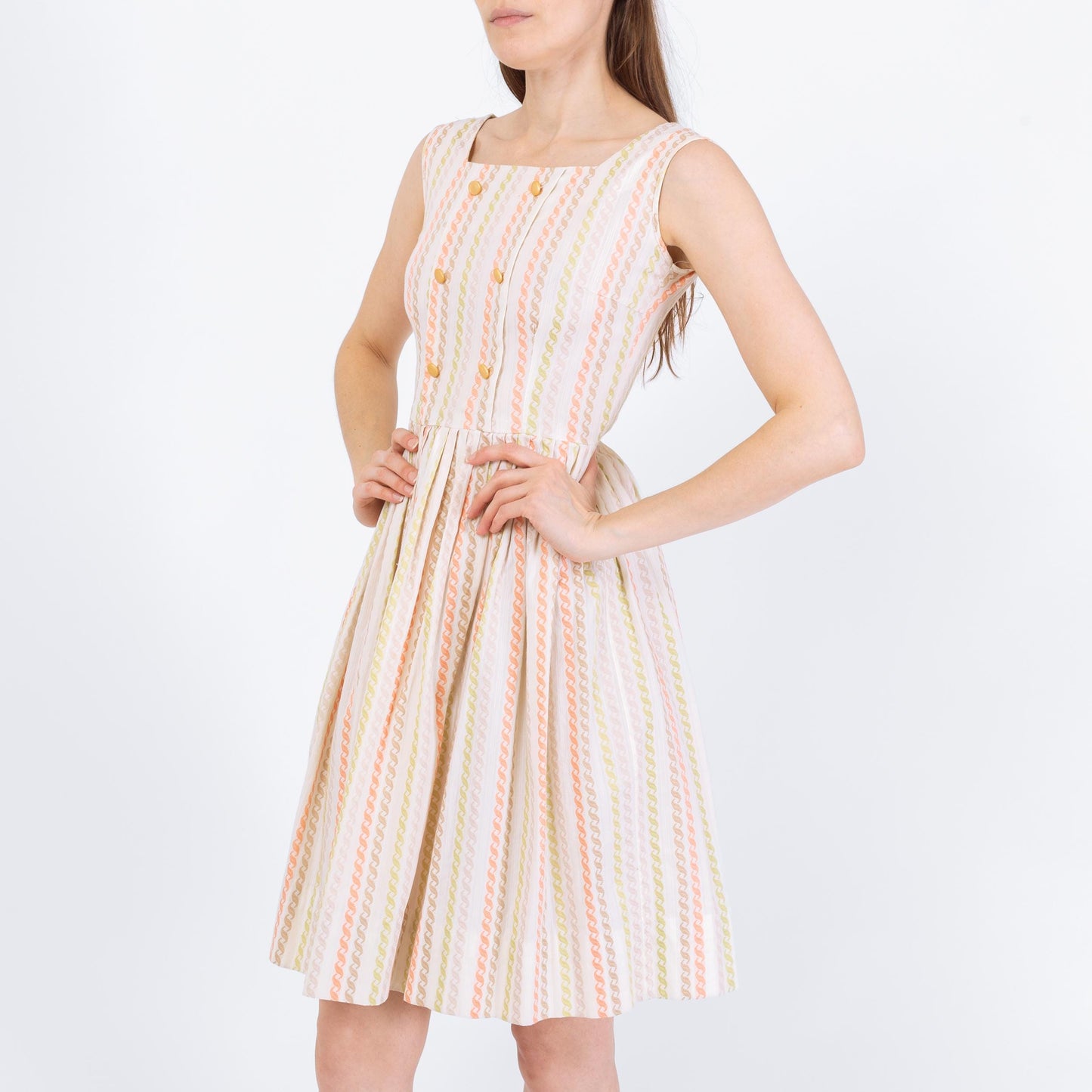 Vintage 60s White Embroidered Stripe Day Dress - XXS | Retro Sleeveless Fit & Flare Mini