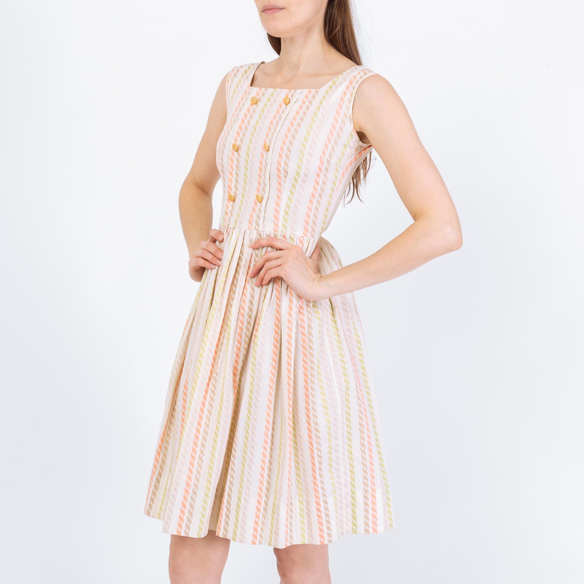 Vintage 60s White Embroidered Stripe Day Dress - XXS | Retro Sleeveless Fit & Flare Mini