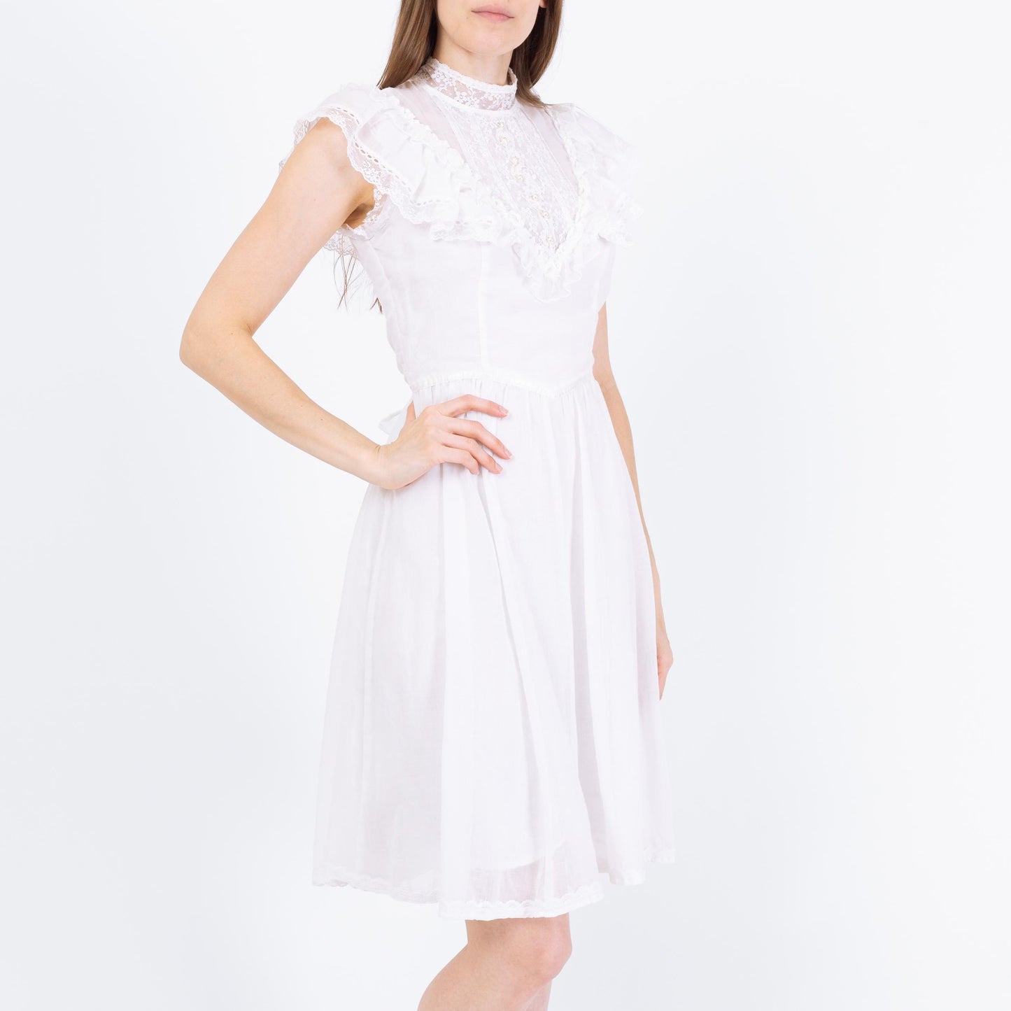 Vintage 70s Gunne Sax White Prairie Mini Dress - Extra Small | Boho Lace Trim Sundress