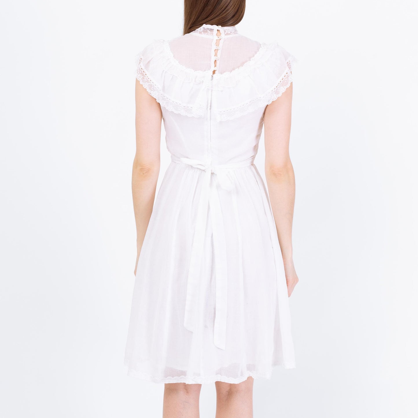 Vintage 70s Gunne Sax White Prairie Mini Dress - Extra Small | Boho Lace Trim Sundress