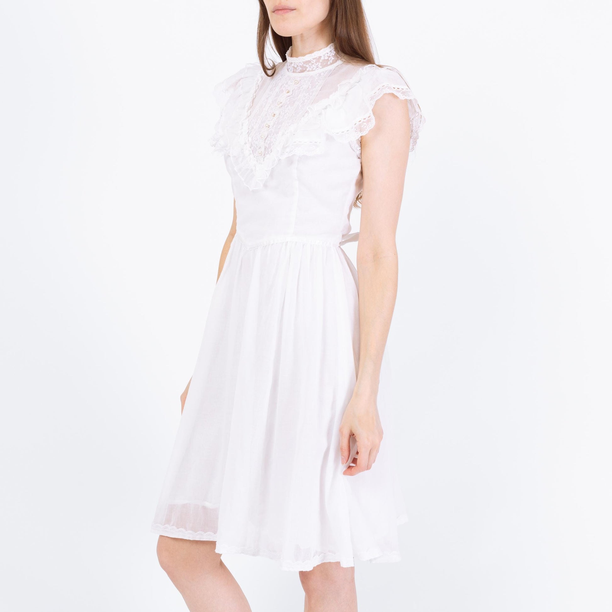 Vintage 70s Gunne Sax White Prairie Mini Dress - Extra Small | Boho Lace Trim Sundress