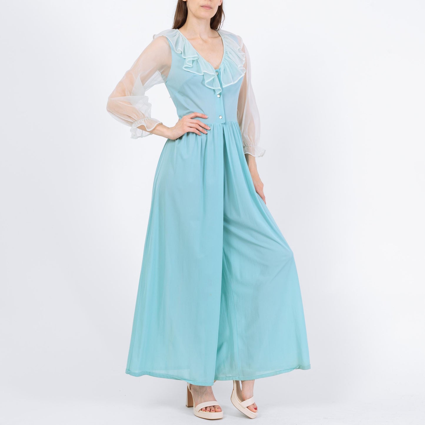 Vintage 70s Blue Sheer Sleeve Lingerie Jumpsuit - Small | Retro Loungewear Pajama One Piece Outfit