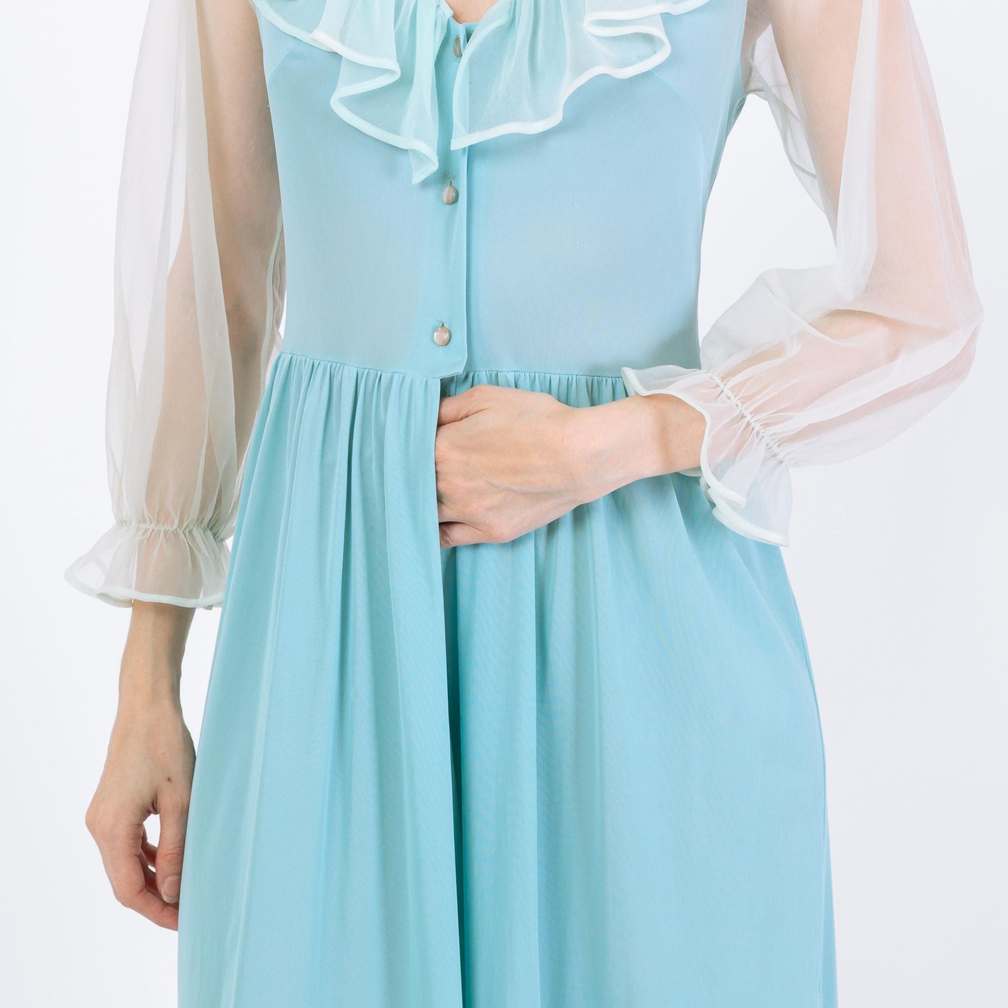 Vintage 70s Blue Sheer Sleeve Lingerie Jumpsuit - Small | Retro Loungewear Pajama One Piece Outfit