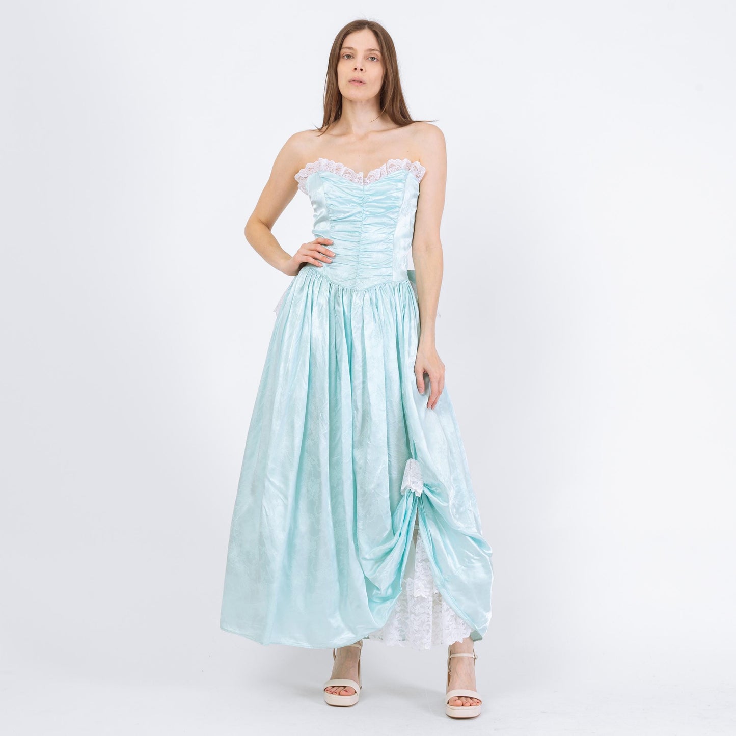 Vintage 80s Gunne Sax Blue Satin Princess Gown - Medium | Strapless Tulle Ballgown Formal Maxi Dress