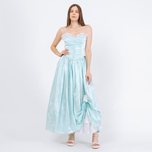 Vintage 80s Gunne Sax Blue Satin Princess Gown - Medium | Strapless Tulle Ballgown Formal Maxi Dress