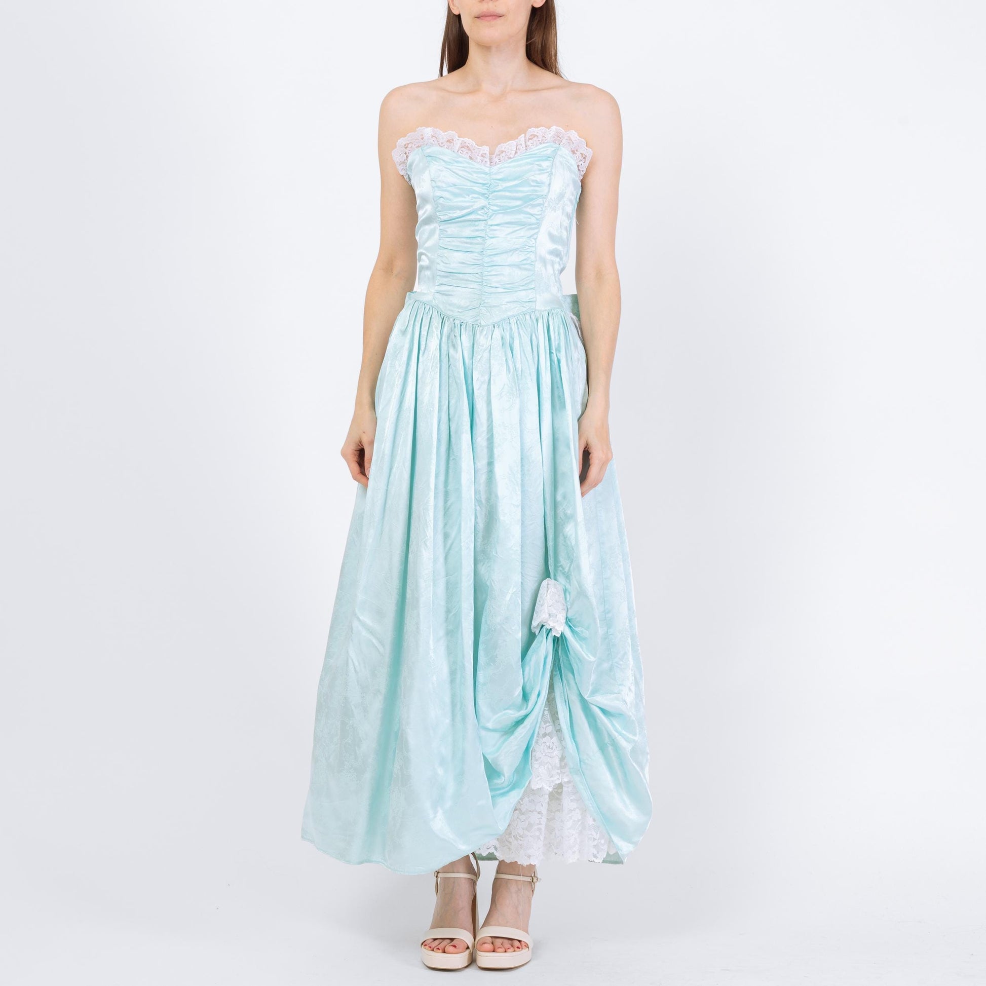 Vintage 80s Gunne Sax Blue Satin Princess Gown - Medium | Strapless Tulle Ballgown Formal Maxi Dress