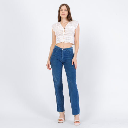 Vintage 70s Blue Corduroy Pants - Small | Mid Rise Straight Leg Trousers