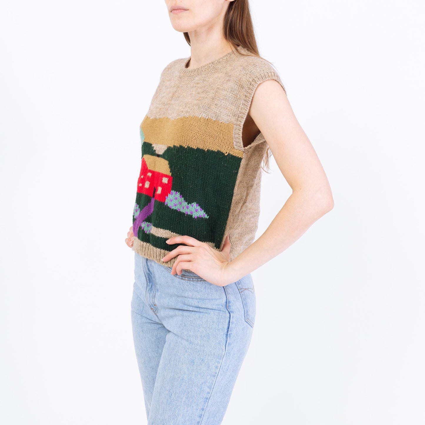 Vintage 80s Cottage Scene Sweater Vest - Medium | Cap Sleeve Novelty Knit Top