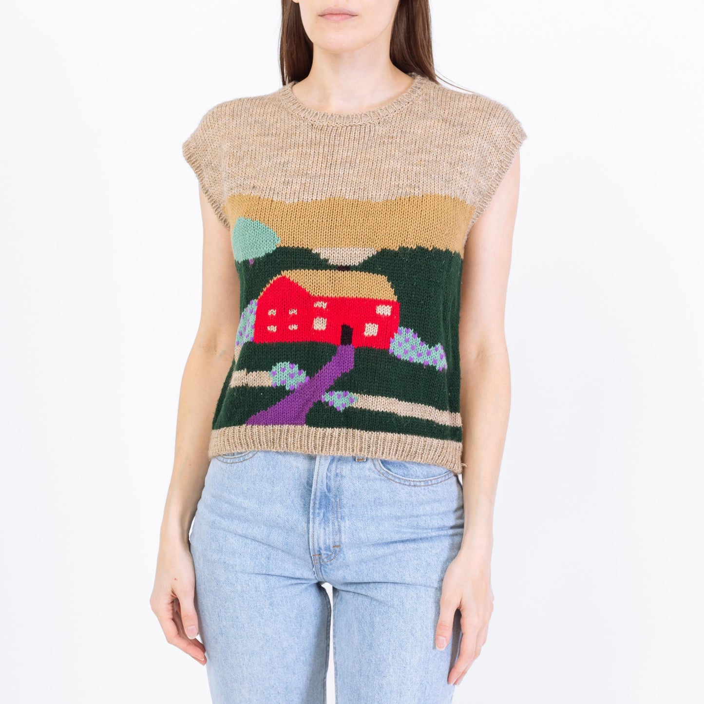 Vintage 80s Cottage Scene Sweater Vest - Medium | Cap Sleeve Novelty Knit Top