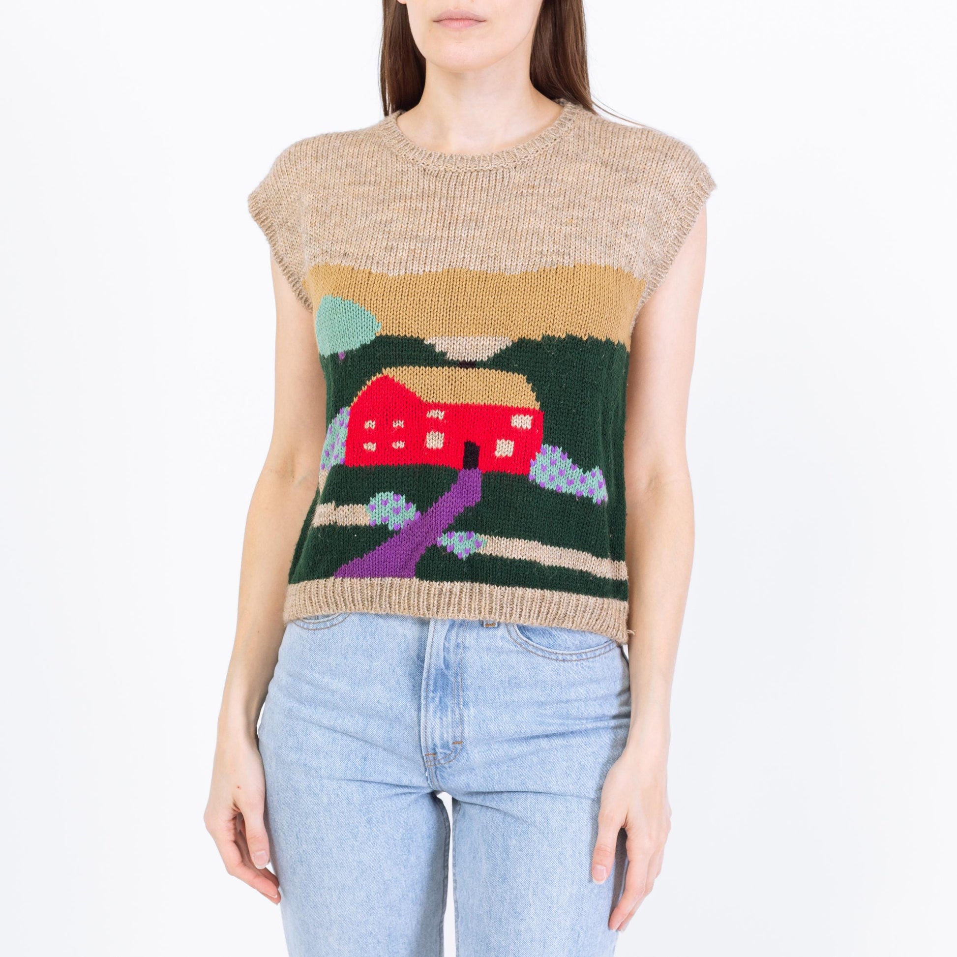 Vintage 80s Cottage Scene Sweater Vest - Medium | Cap Sleeve Novelty Knit Top