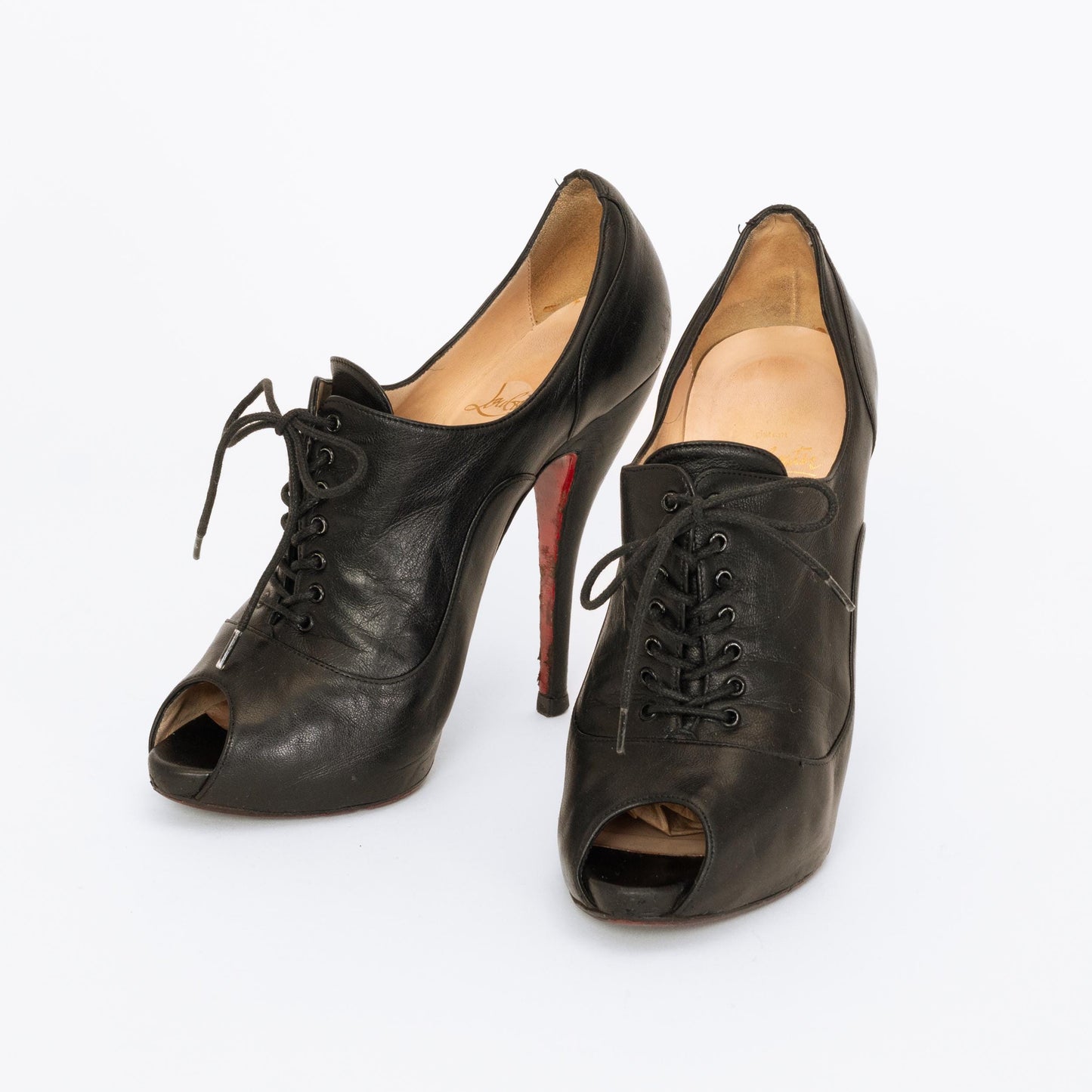 Christian Louboutin Black Leather Lace-Up Booties - Size 36.5 | Designer Peep Toe Stiletto Heels