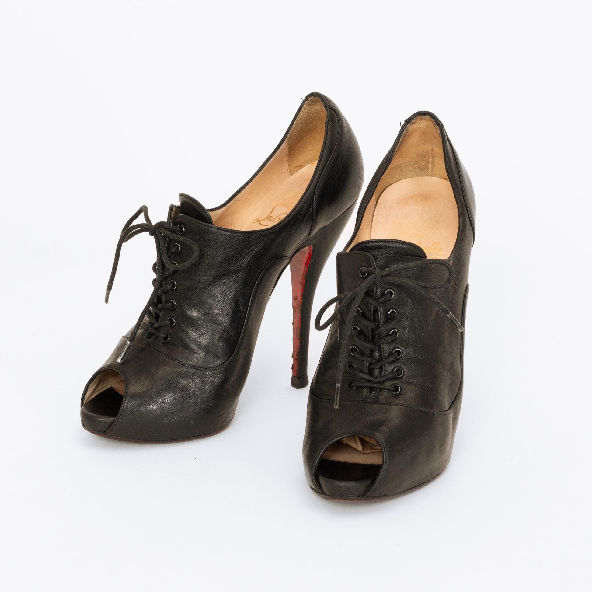 Christian Louboutin Black Leather Lace-Up Booties - Size 36.5 | Designer Peep Toe Stiletto Heels