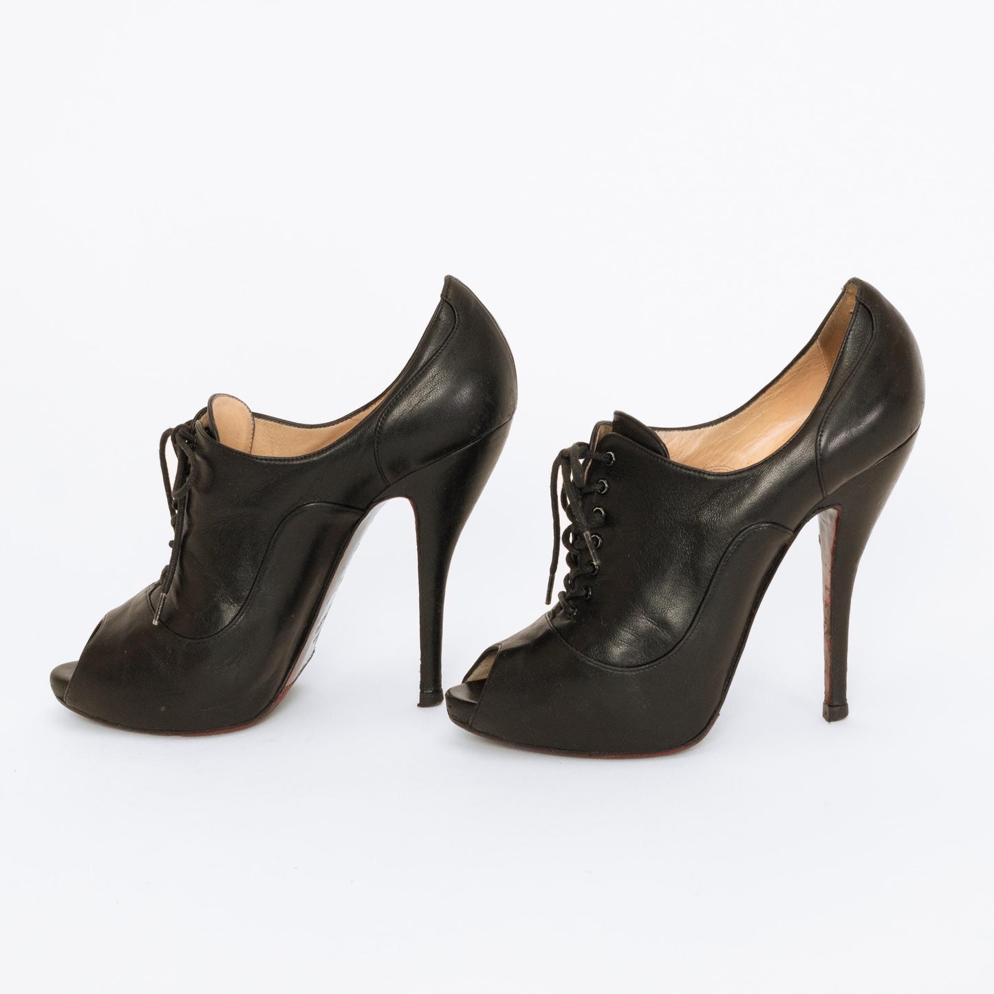 Christian Louboutin Black Leather Lace-Up Booties - Size 36.5 | Designer Peep Toe Stiletto Heels
