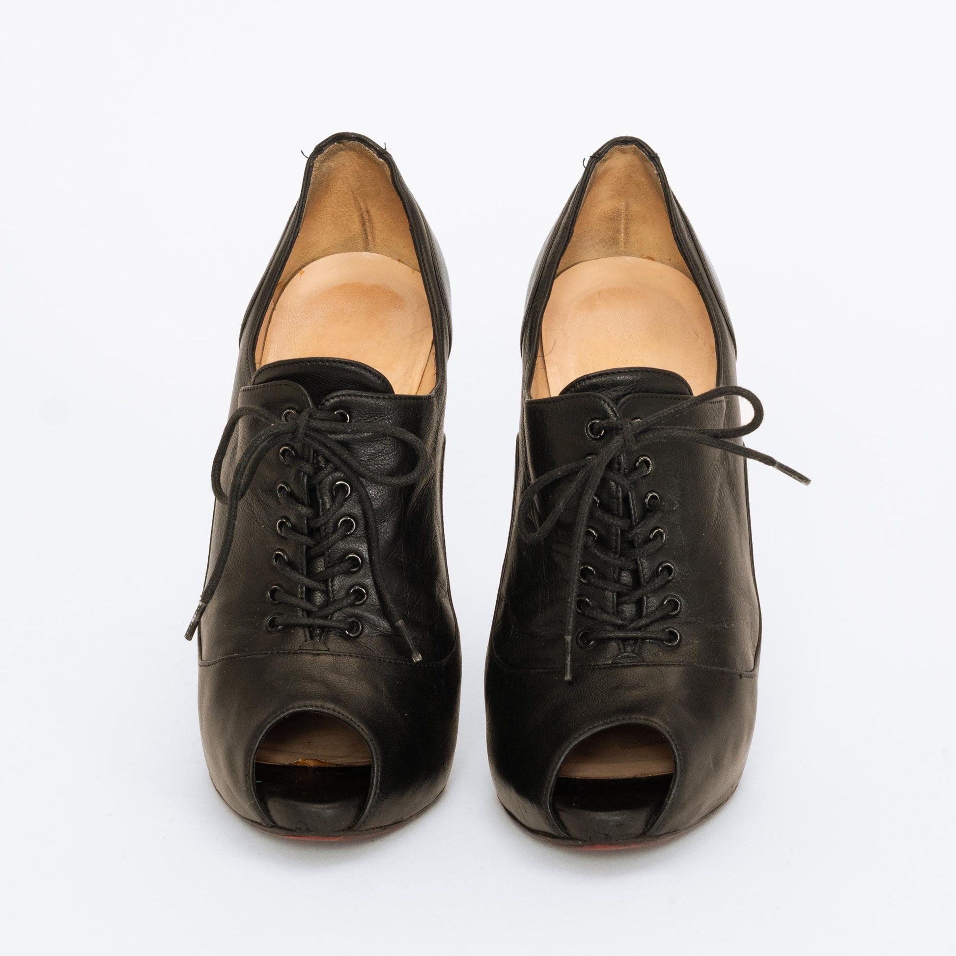 Christian Louboutin Black Leather Lace-Up Booties - Size 36.5 | Designer Peep Toe Stiletto Heels