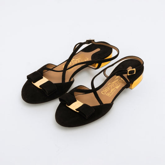 Ferragamo Black Suede & Gold Slingbacks - Size 4.5 | Felma Vara Designer Strappy Flats