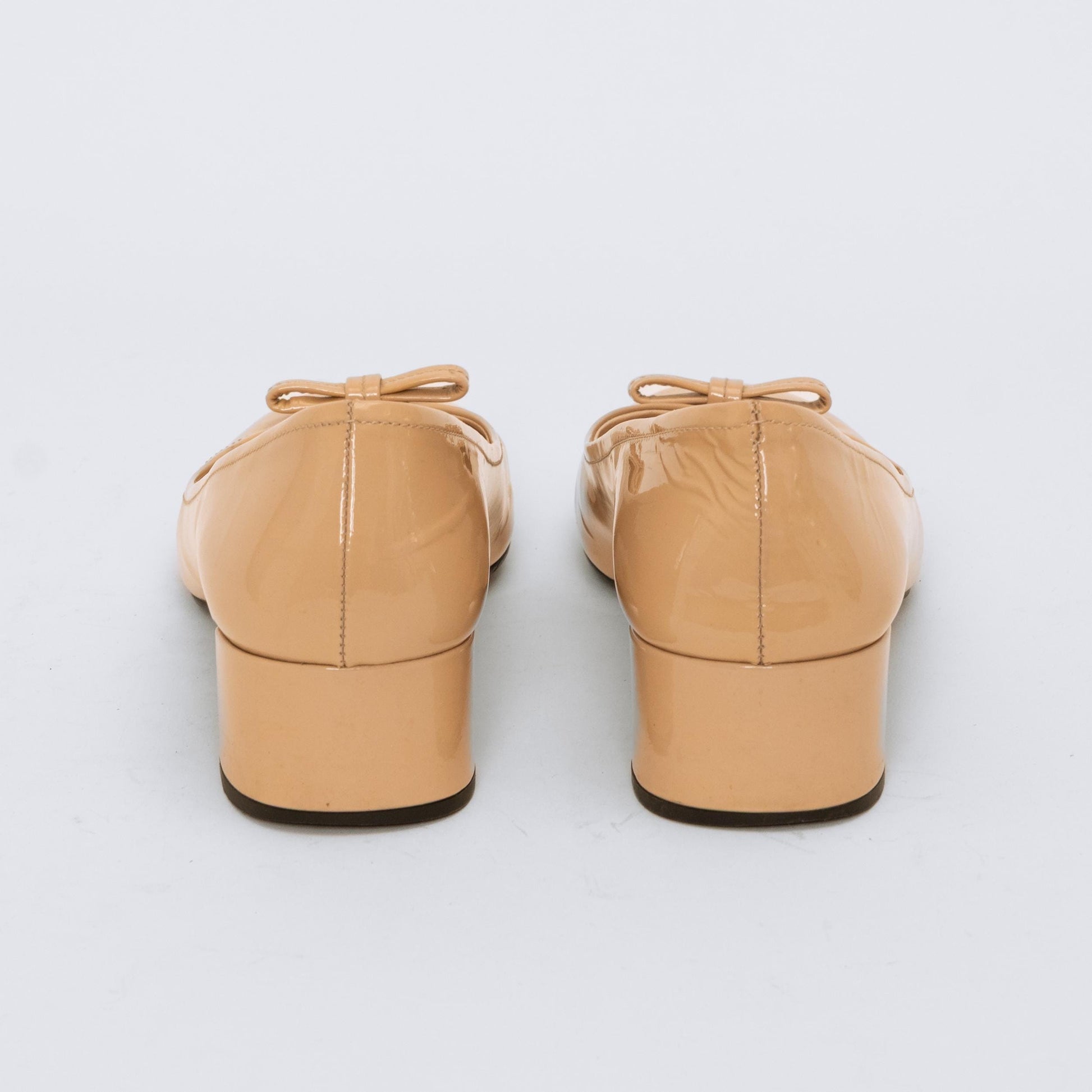 Prada Nude Patent Leather Bow Heels - Size 86 | Designer Logo Ballet Block Heel Pumps