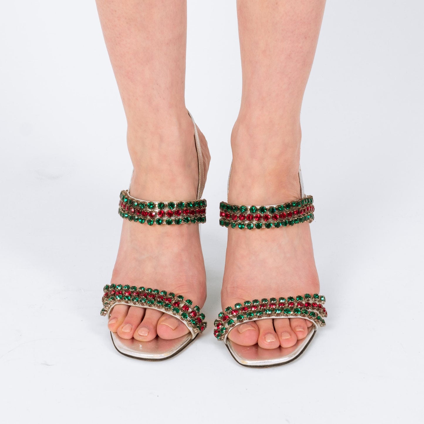 Gucci Bertie Crystal Silver Heeled Sandals - Size 36.5 | Designer Metallic Strappy High Heels