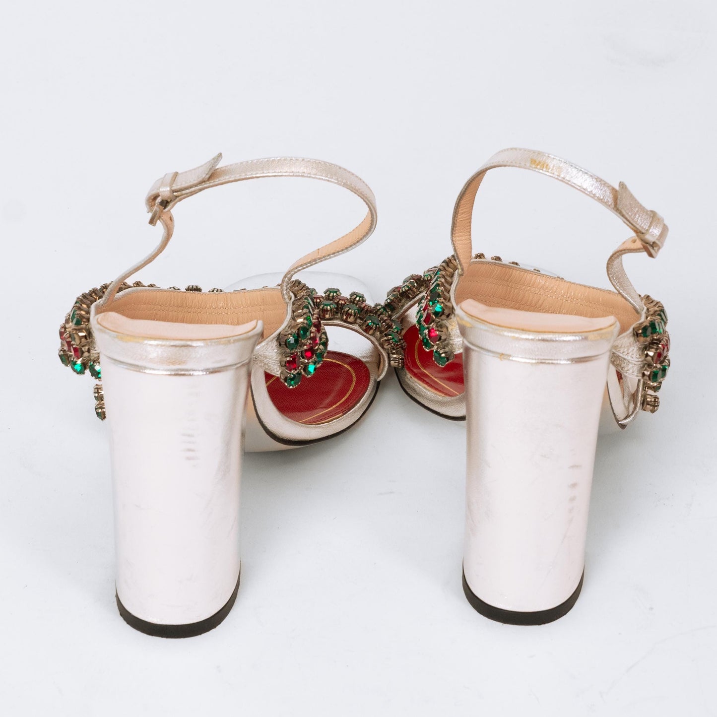Gucci Bertie Crystal Silver Heeled Sandals - Size 36.5 | Designer Metallic Strappy High Heels
