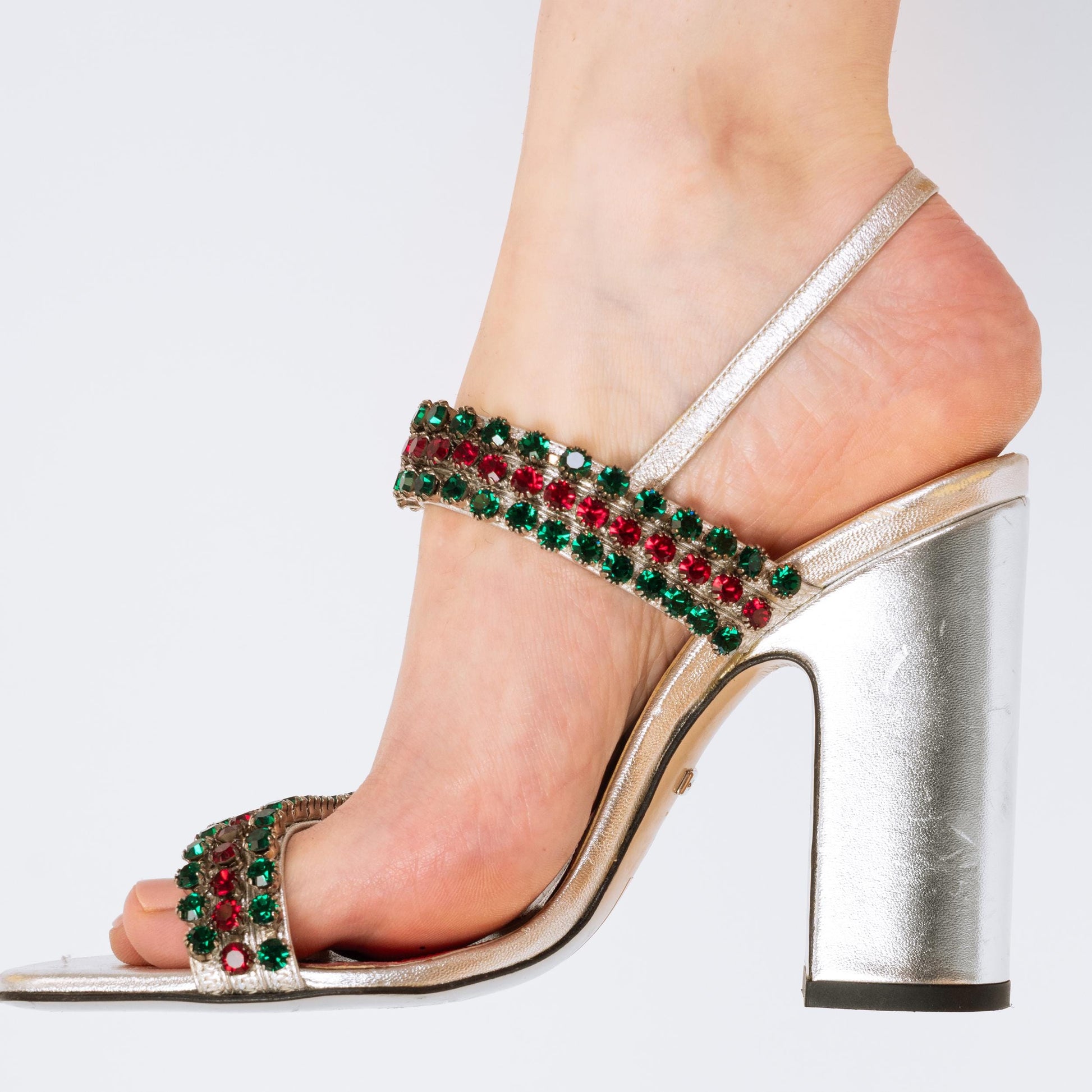 Gucci Bertie Crystal Silver Heeled Sandals - Size 36.5 | Designer Metallic Strappy High Heels