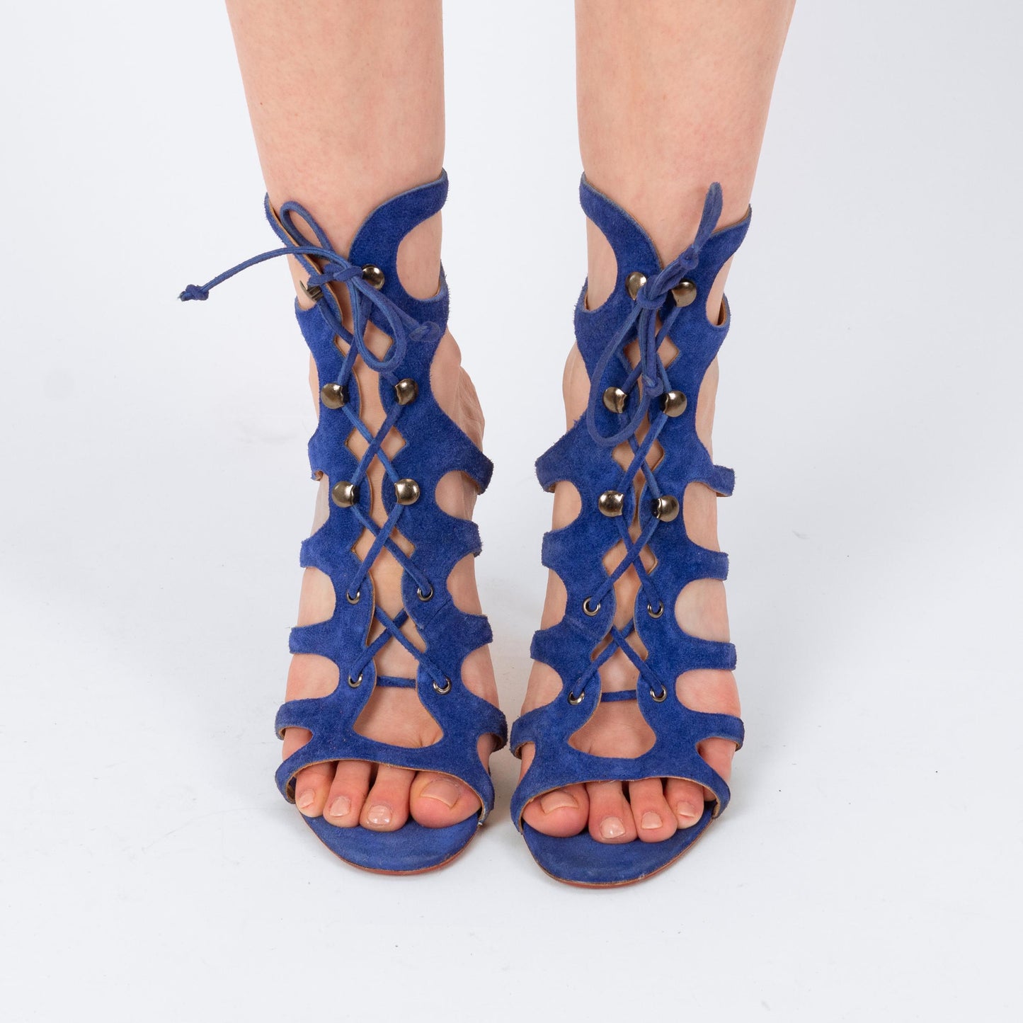 Christian Louboutin Blue Suede Amazoulo 100 Lace-Up Sandals - Size 40 | Designer Gladiator Stiletto Heels
