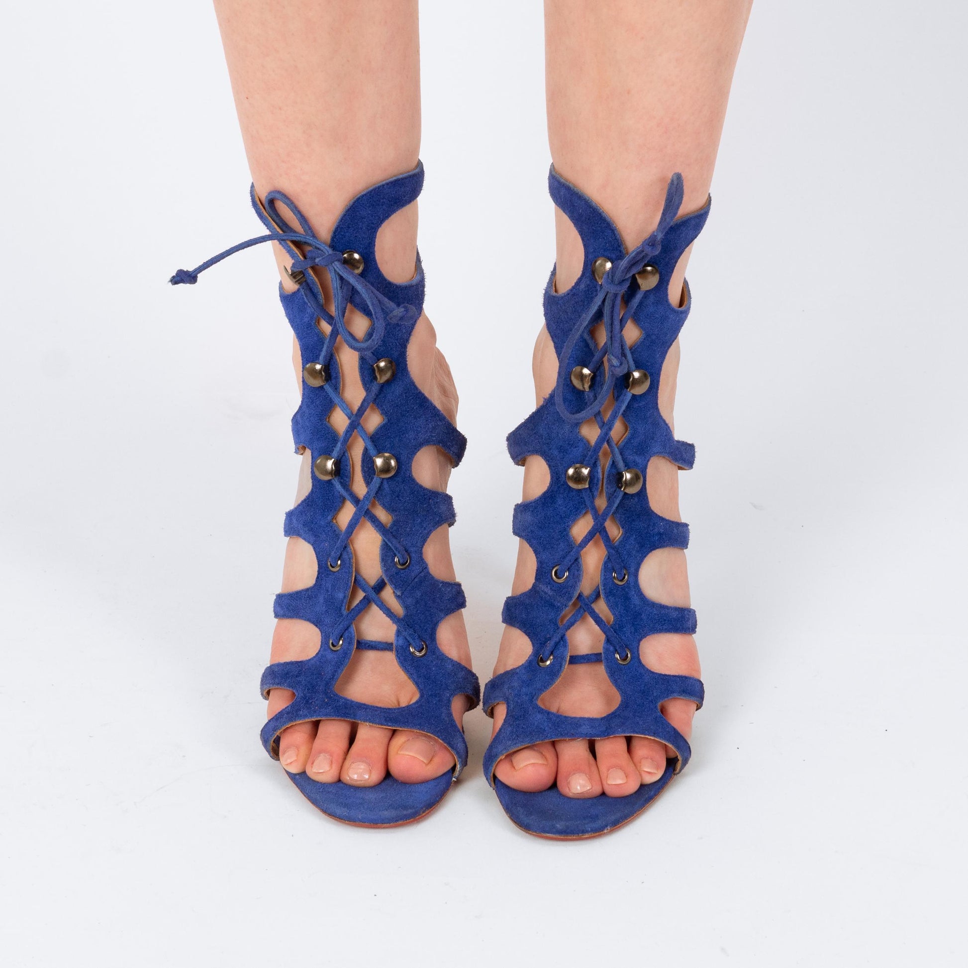 Christian Louboutin Blue Suede Amazoulo 100 Lace-Up Sandals - Size 40 | Designer Gladiator Stiletto Heels