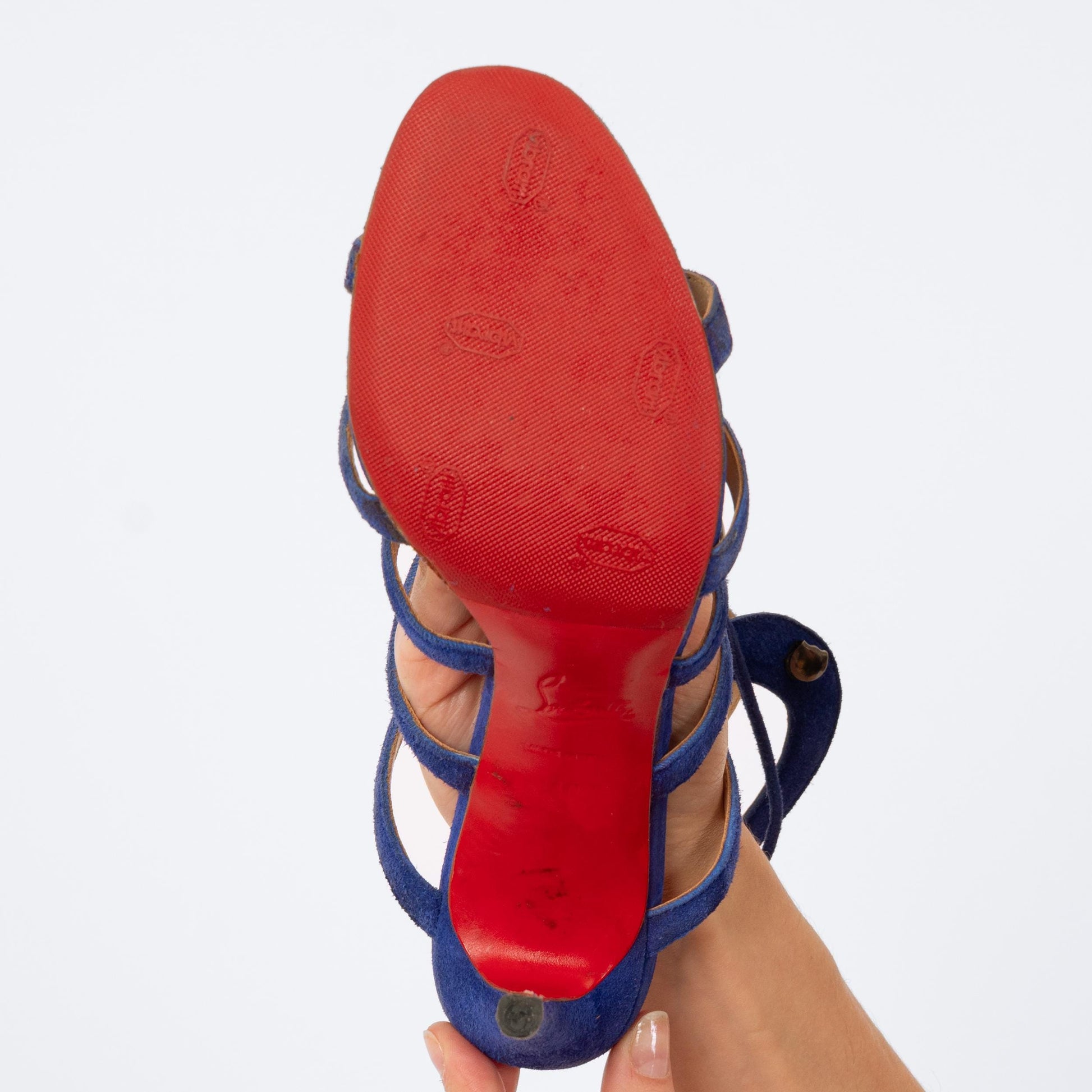 Christian Louboutin Blue Suede Amazoulo 100 Lace-Up Sandals - Size 40 | Designer Gladiator Stiletto Heels