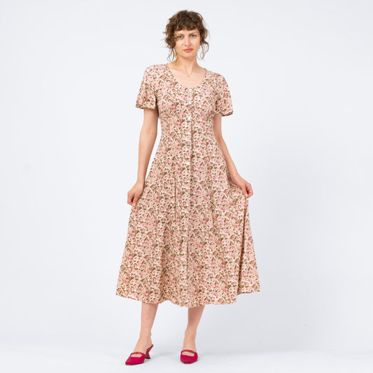 Vintage 90s Pink Floral Button Front Sundress - Medium | Flutter Sleeve Boho Grunge Dress