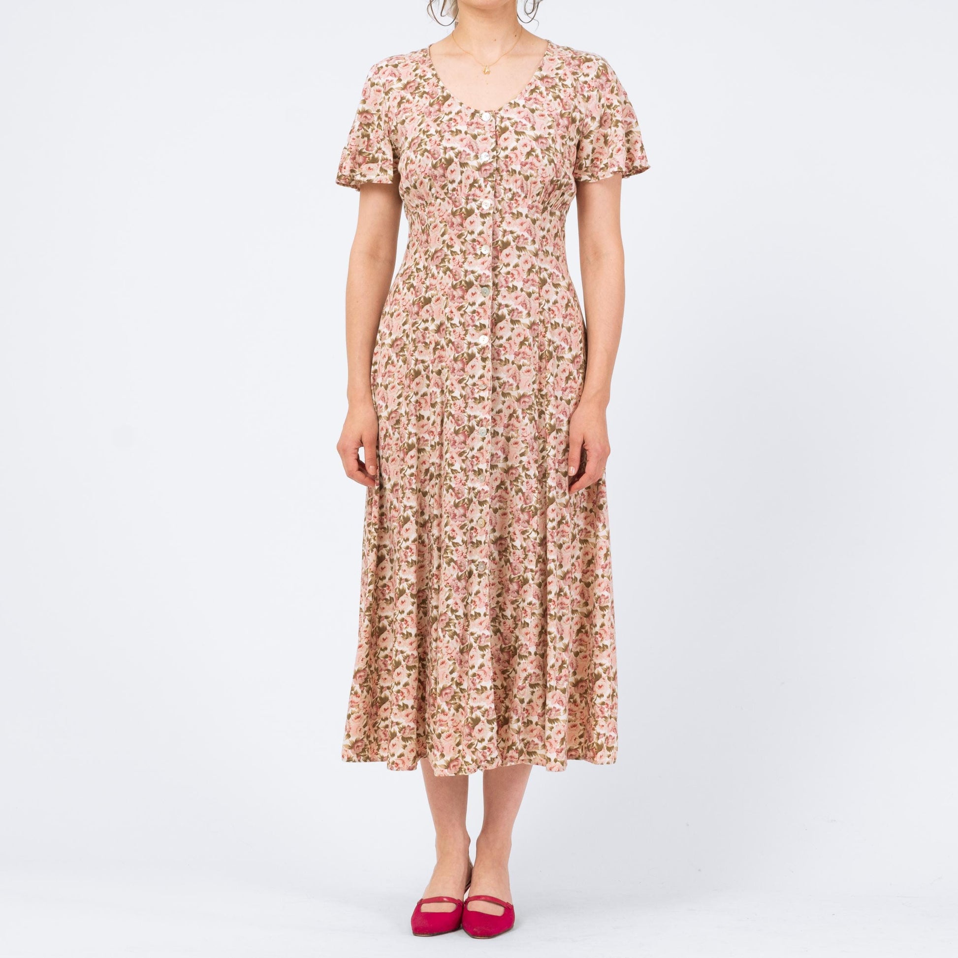 Vintage 90s Pink Floral Button Front Sundress - Medium | Flutter Sleeve Boho Grunge Dress