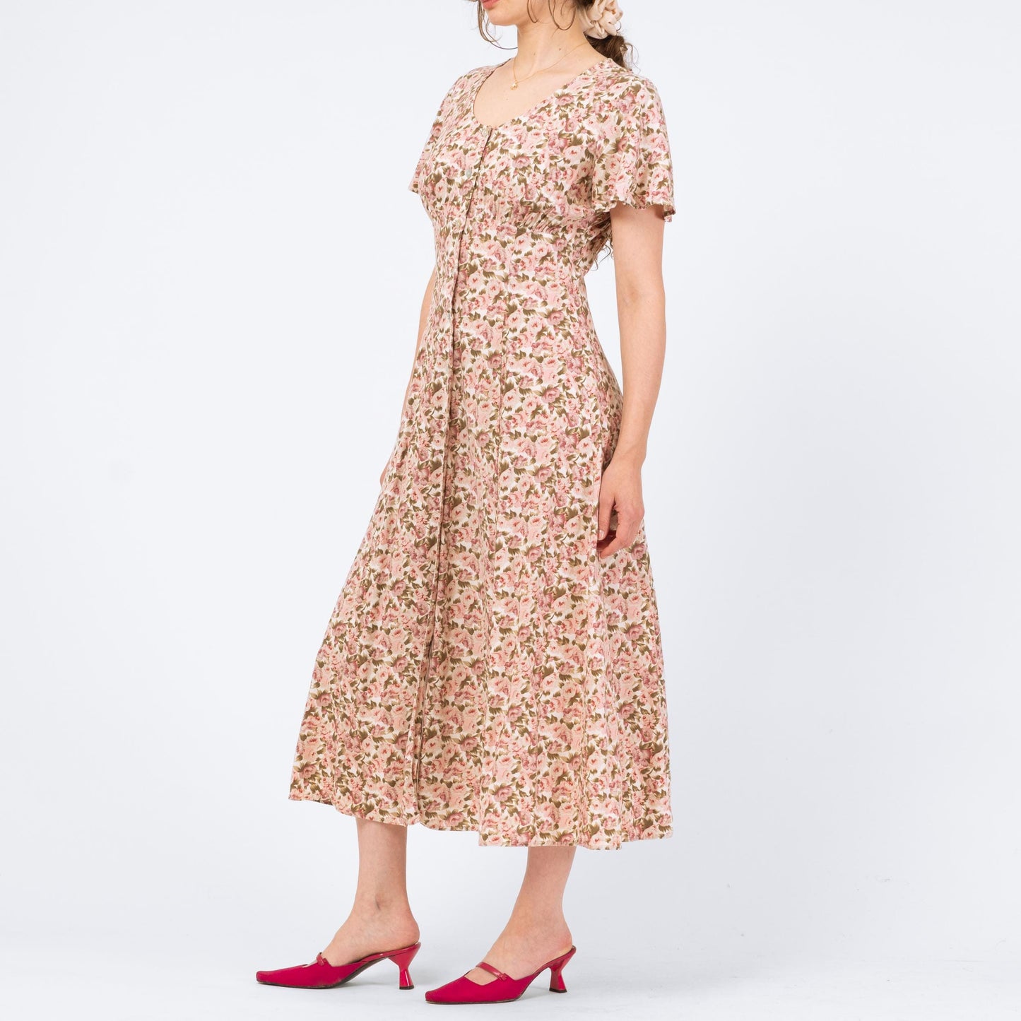 Vintage 90s Pink Floral Button Front Sundress - Medium | Flutter Sleeve Boho Grunge Dress